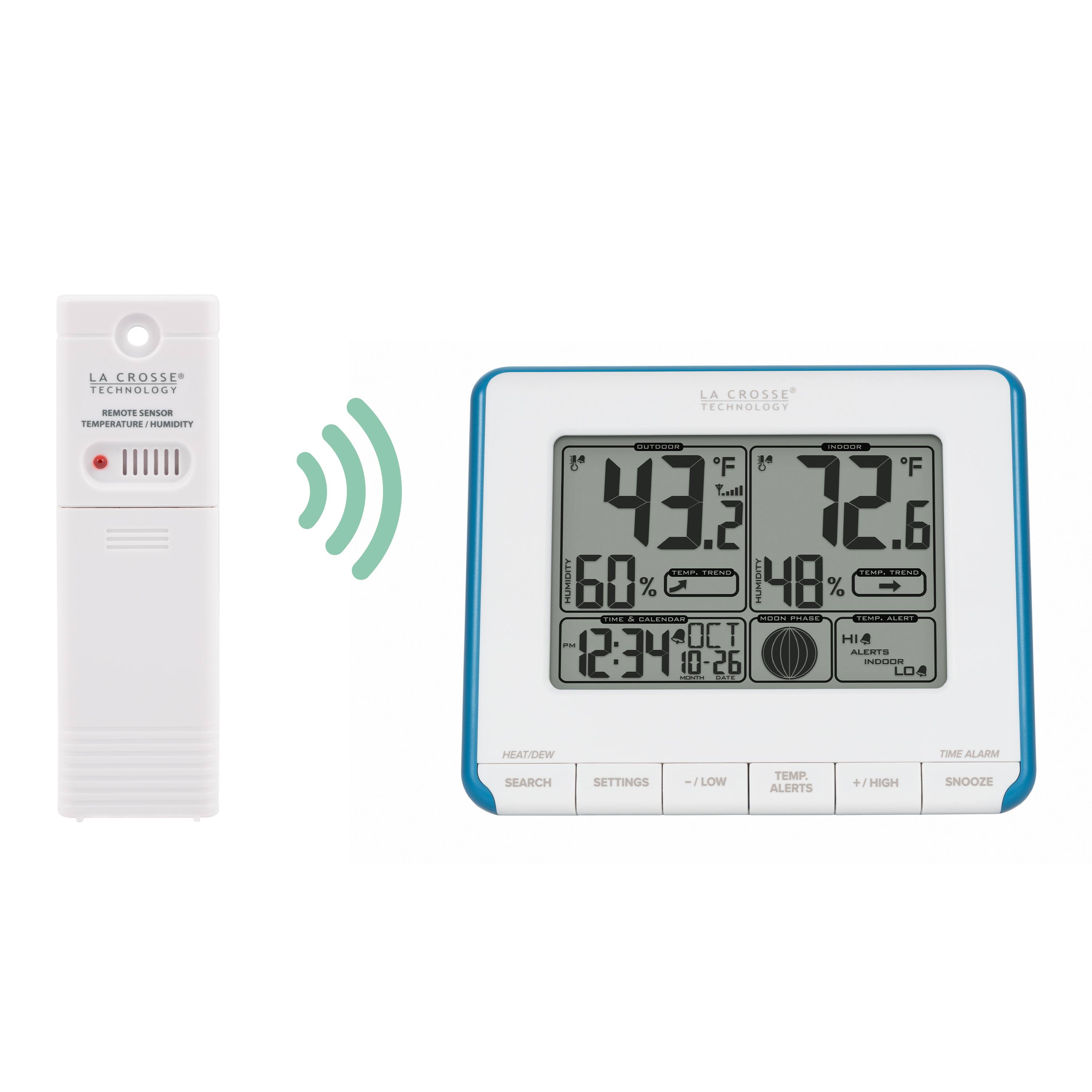 LA CROSSE TECHNOLOGY REMOTE SENSOR TEMPERATURE/HUMIDITY  
LA CROSSE TECHNOLOGY TSM100 SROGON 5 F 5 *F  
Yall 43.3 72.6  
TiMn a i TAC HUMIDITY 60%  
TEMPERATURE 48%  
RELE - E- SC : OCT HI 12:34  
SECRIO 10-26  
LO4 : HEAT/DEW TIME ALARM SEARCH SETTINGS -I LOW TEMP ALERTS +1 HIGH SNOOZE