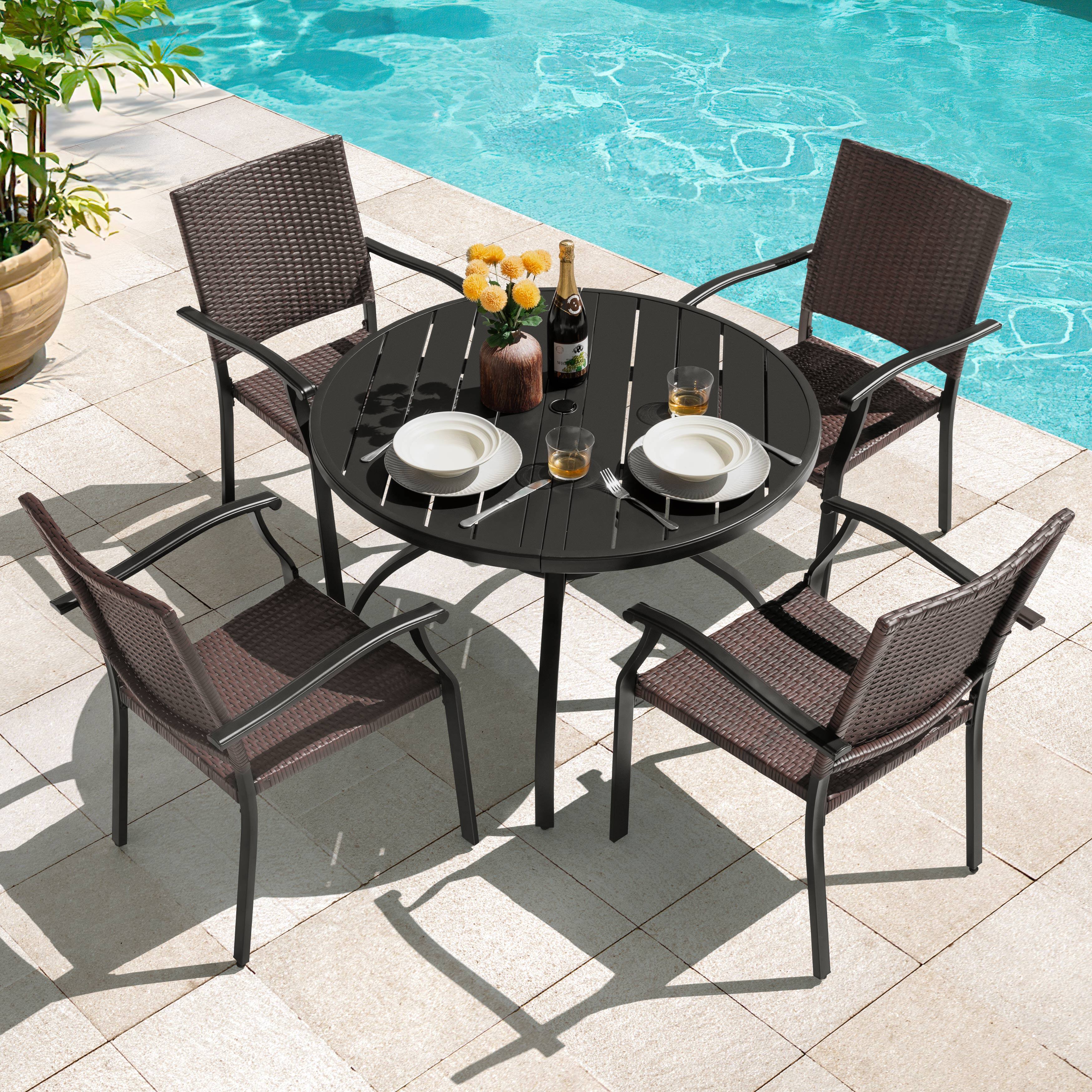 Left. Nuu Garden - 5-Piece Wicker and Metal Round Outdoor Dining Set with Umbrella Hole - Black.