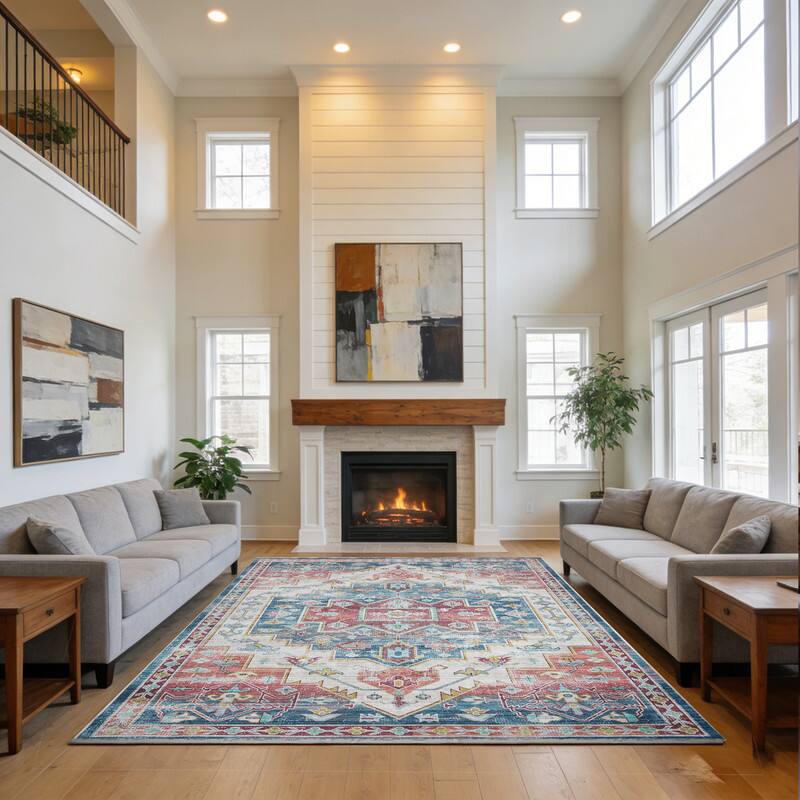 Left. RYHNUYNE - 8x10 Area Rugs Living Room Rug Washable Vintage Boho Rug No Slip Stain Resistant Soft Carpet Indoor Floor Floral Carpets - Painting.