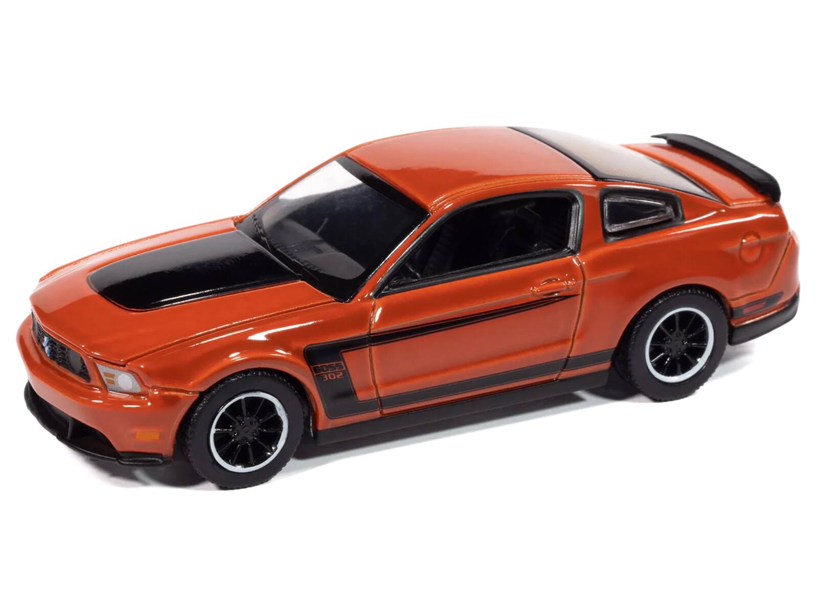 Angle. Autoworld - 2012 Ford Mustang Boss 302 Competition Orange with Black Accents "Modern Muscle" Series 1/64 - Orange and Black.