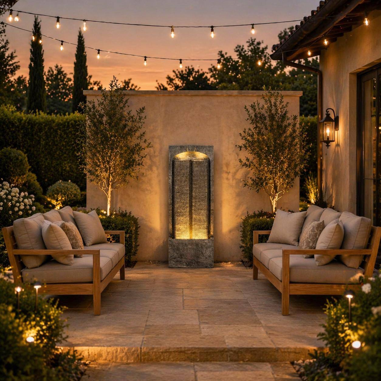 Alt View 4. RYHNUYNE - 39" H Outdoor Cascading Water Fountain with LED Lights – Resin Fiberglass Freestanding Water Feature with Quiet Pump.