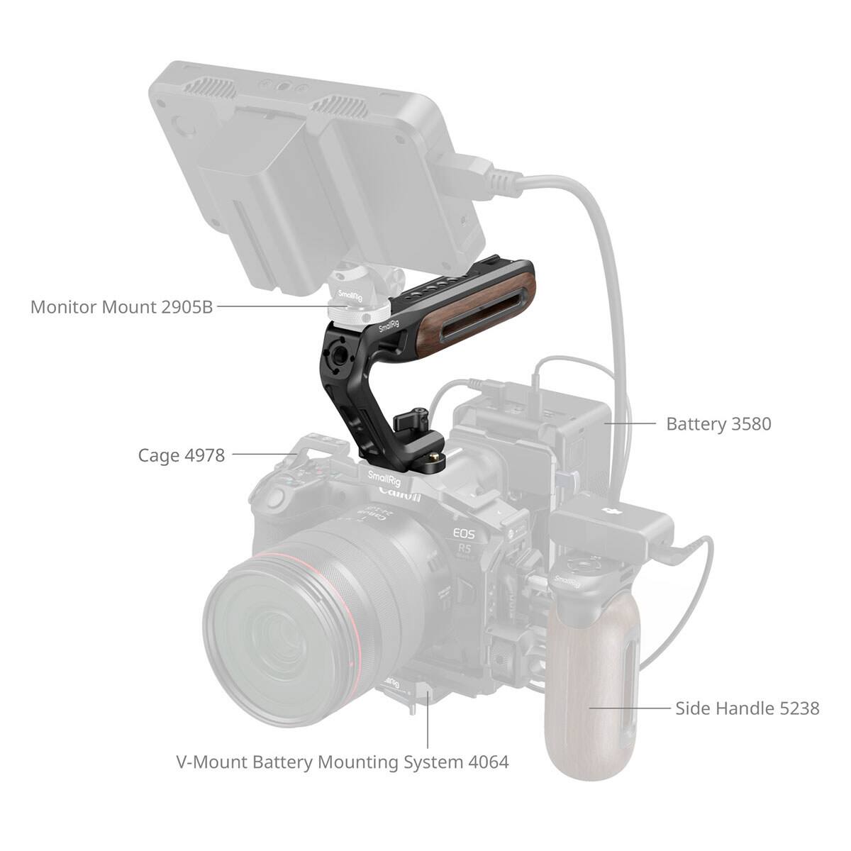 Monitor Mount 2905B  
SmallRig Snork Cage 4978  
SmallRig Side Handle 5238  
EOS R5 Battery 3580  
V-Mount Battery Mounting System 4064