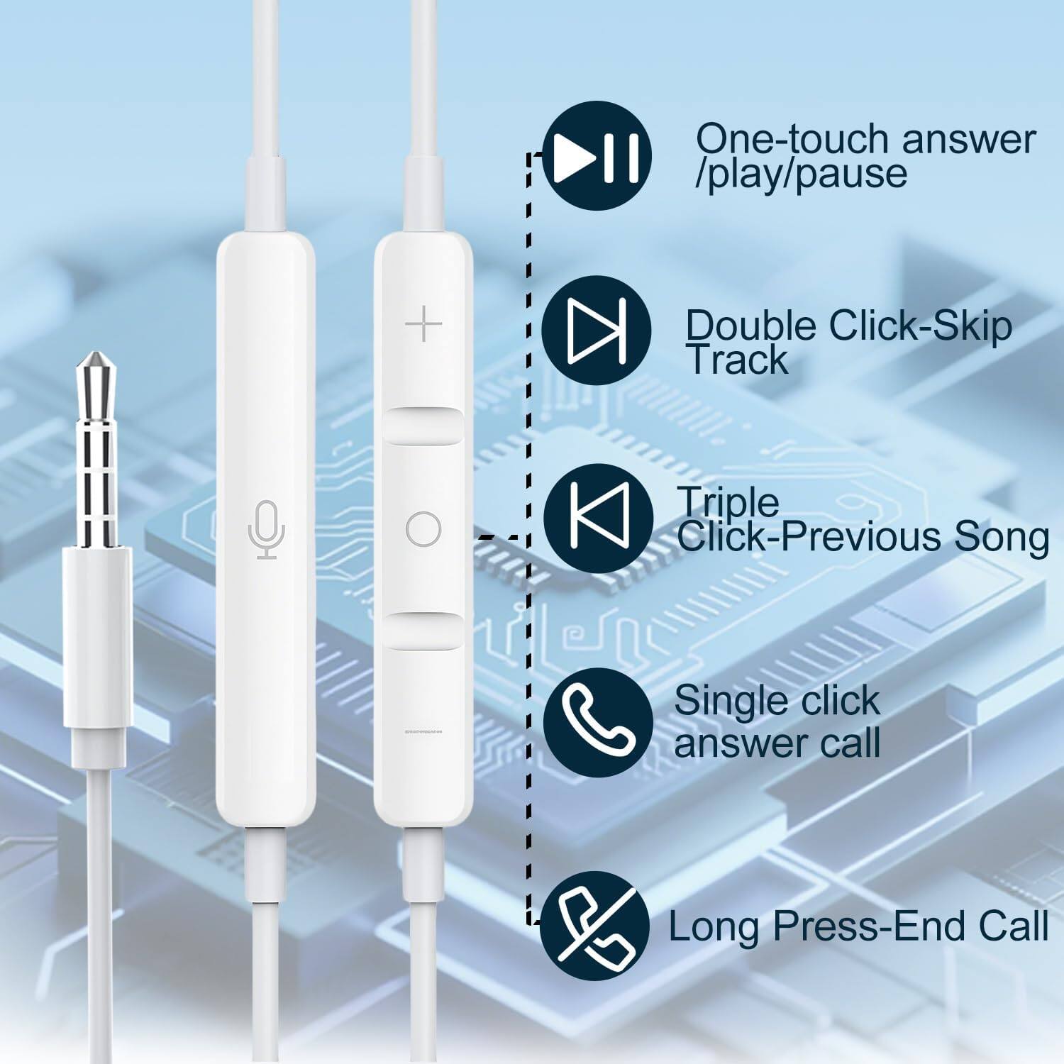 One-touch answer /play/pause  
Double Click-Skip Track  
Triple Click-Previous Song  
Single click answer call  
Long Press-End Call