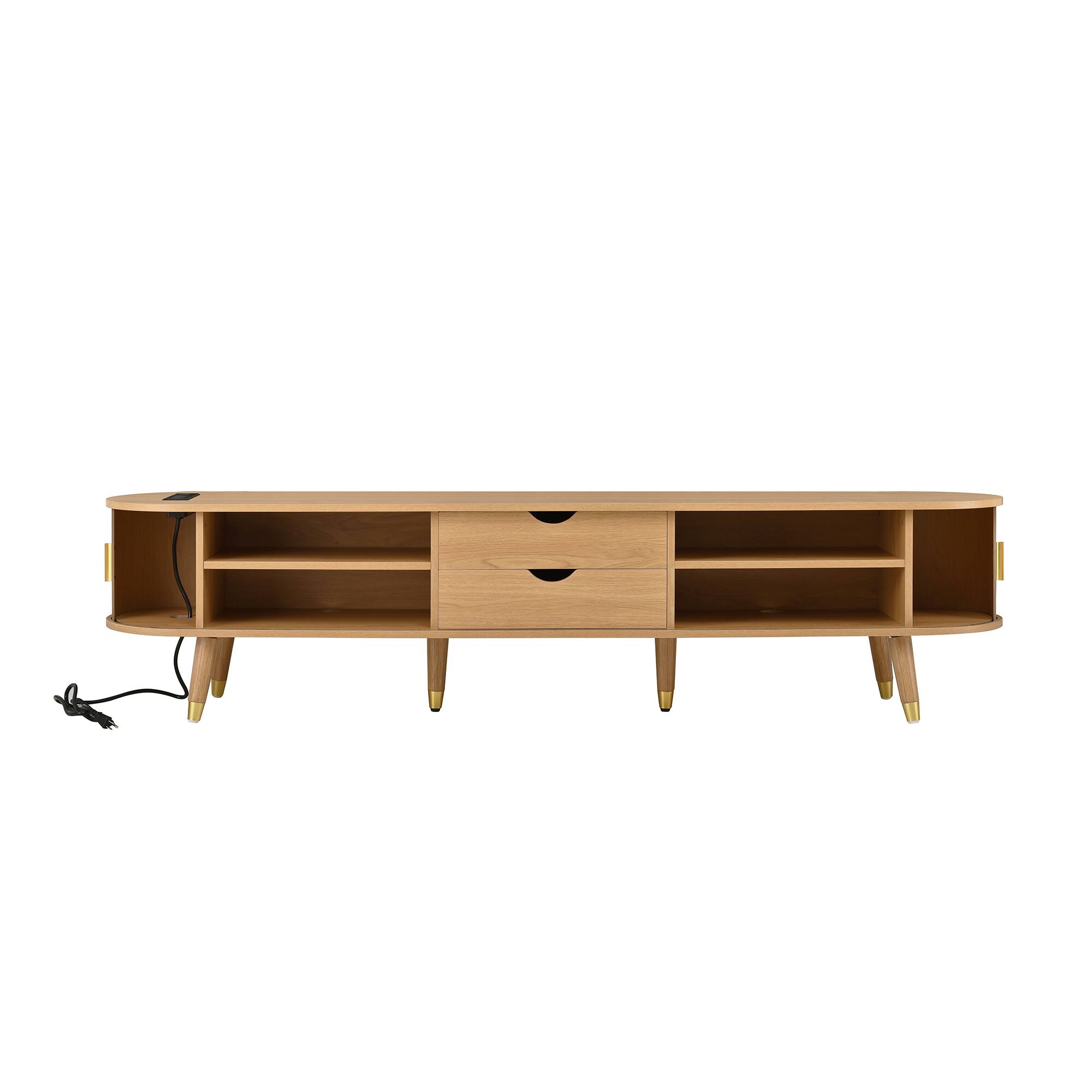 Alt View 5. TinyHomie - Wooden Oval Fluted TV Stand with Charging Station for TV up to 80in Mid-Century Media Console with Sliding Tambour Door - Natural.