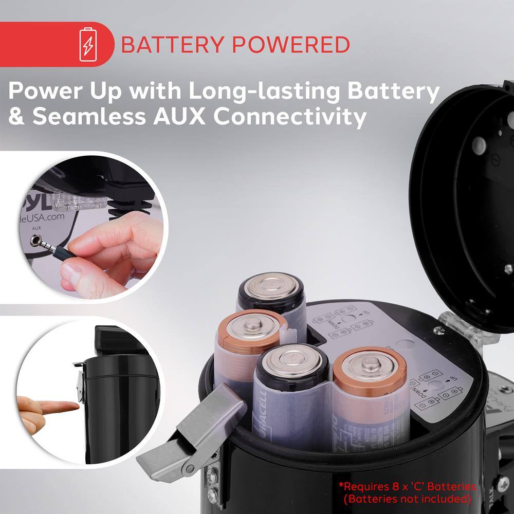 BATTERY POWERED

Power Up with Long-lasting Battery & Seamless AUX Connectivity

*Requires 8 x C' Batteries (Batteries not included)