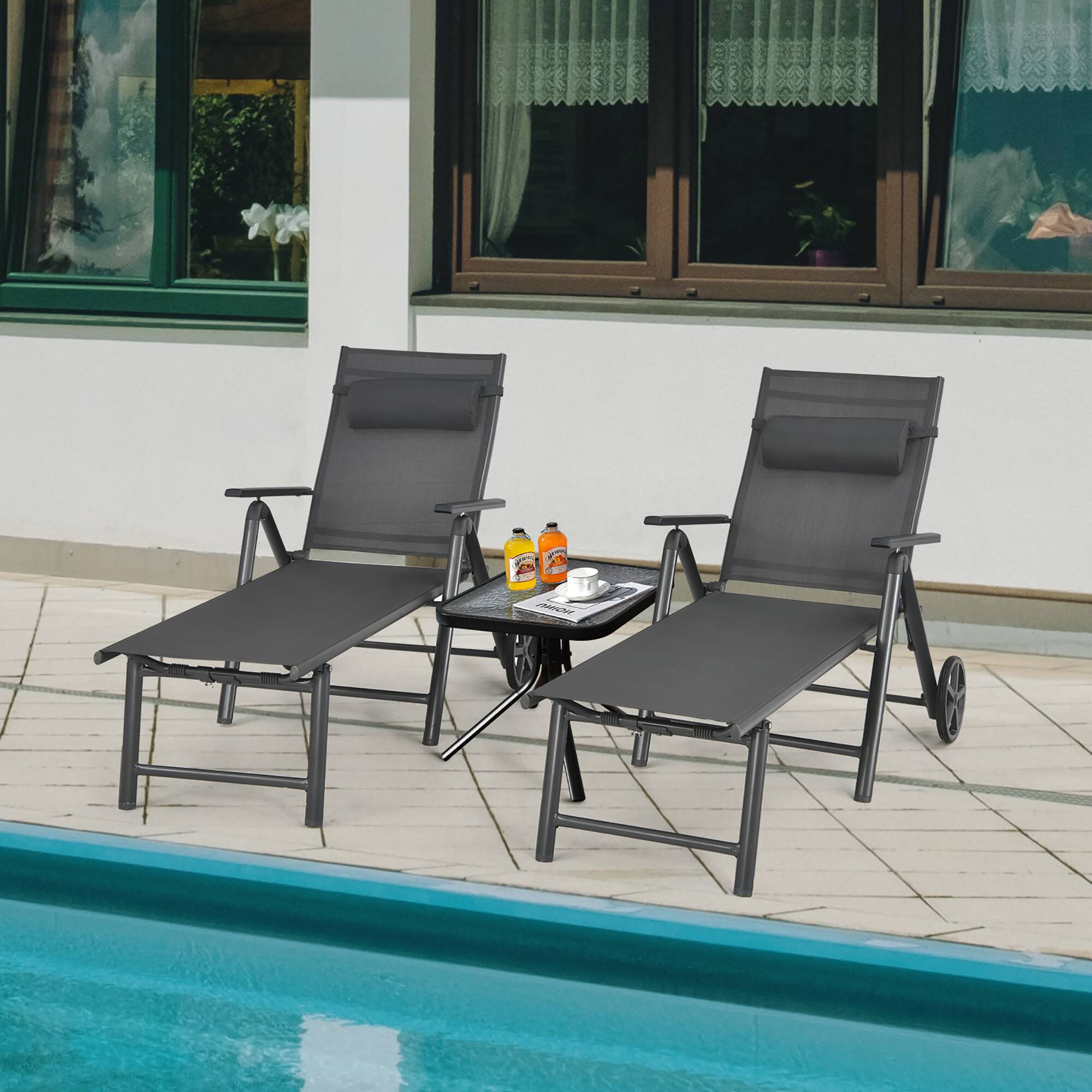 Costway - 2PCS Patio Lounge Chair W/ Wheels Neck Pillow Aluminum Frame Adjustable - Gray