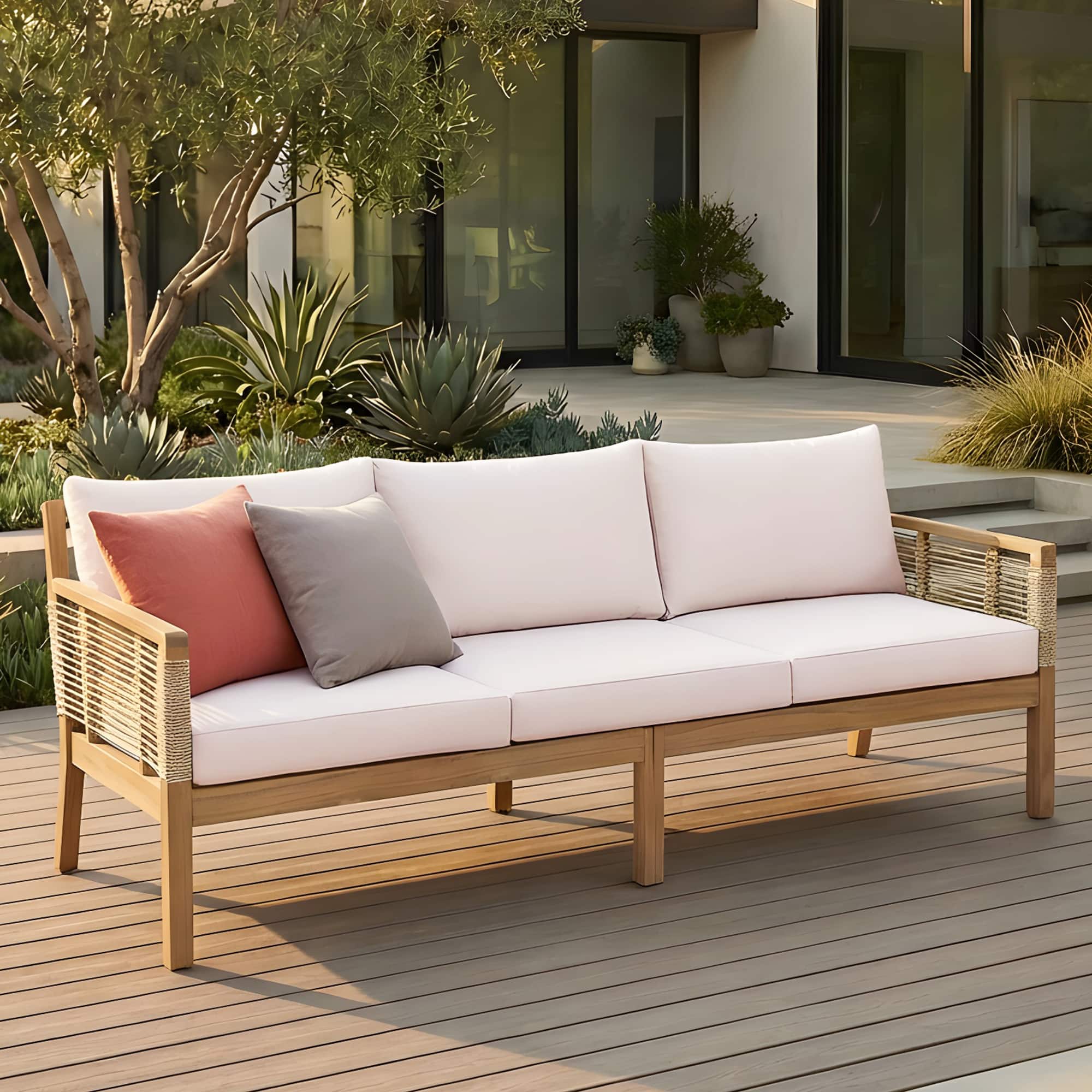 Whisen - 75" W Outdoor 3-Seater Sofa, Acacia Wood Patio Loveseat with Hand-Woven Rope & Water-Resistant Cushions - Light Teak|Beige