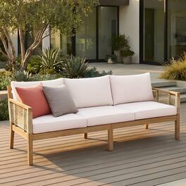 Whisen - 75" W Outdoor 3-Seater Sofa, Acacia Wood Patio Loveseat with Hand-Woven Rope & Water-Resistant Cushions - Light Teak|Beige