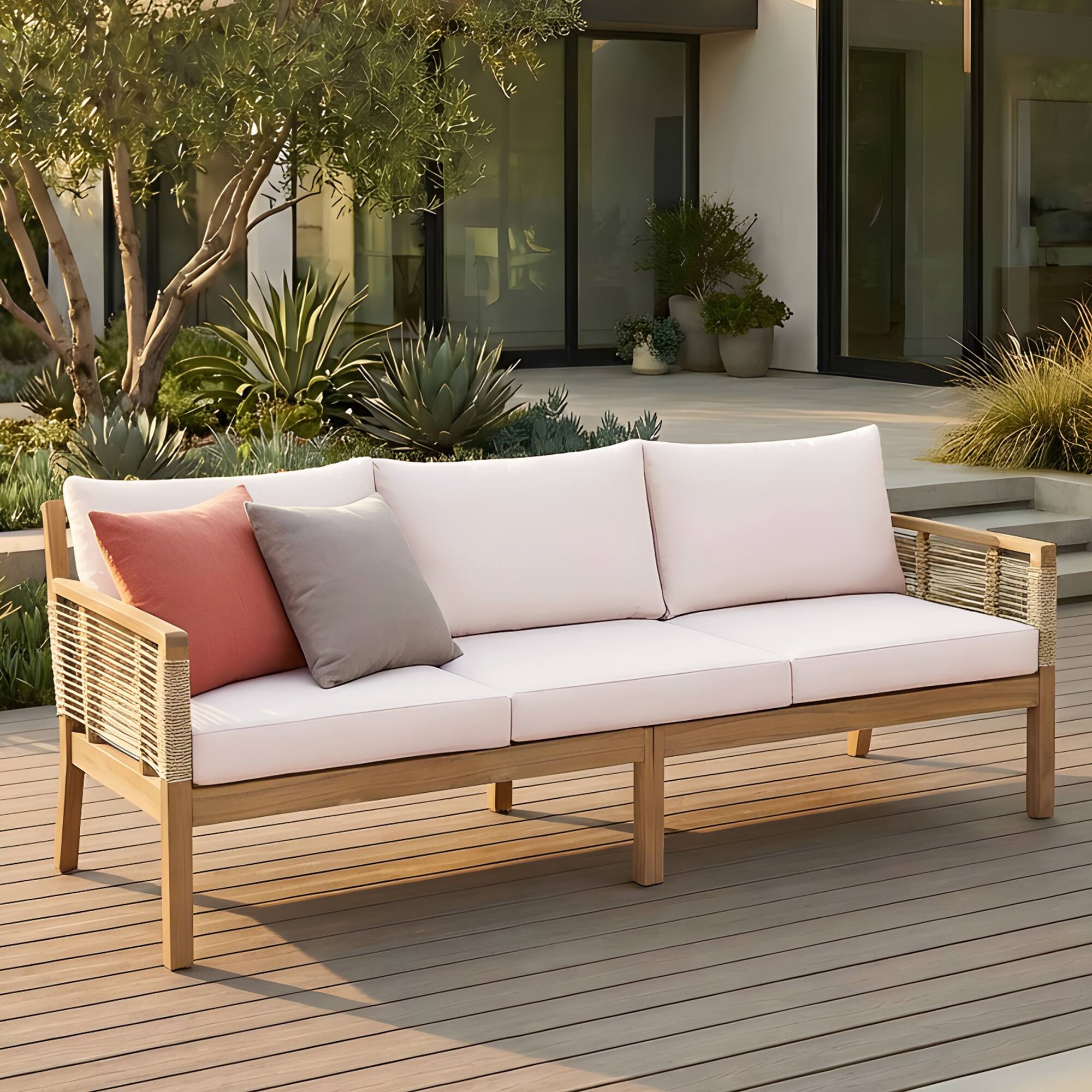 Front. Whisen - 75" W Outdoor 3-Seater Sofa, Acacia Wood Patio Loveseat with Hand-Woven Rope & Water-Resistant Cushions - Light Teak|Beige.