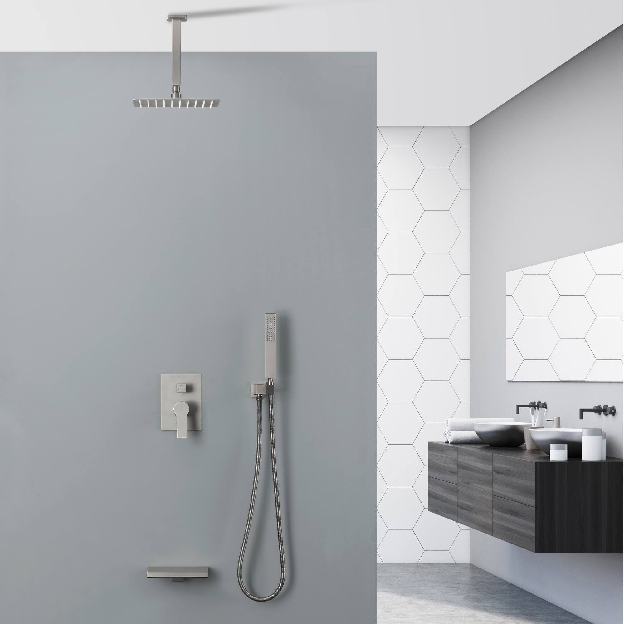 Alt View 3. Boyel Living - Brushed Nickel 10-Inch Rain Shower System Brass SUS304 3-Function Valve Waterfall Spout cUPC - Brushed Nickel.