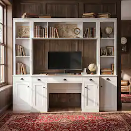 Famapy - All-in-One Wall Bookcase Desk Combo – 5 Drawers, 9 Open Shelves, 8 Closed Compartments for Home Office, Media Room - White