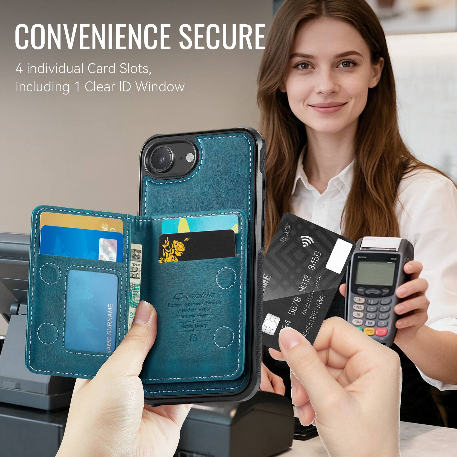 CONVENIENCE SECURE  
4 individual Card Slots, including 1 Clear ID Window  

SURNAME JAME  
NAME 3456 9012 01/18  
VALID 24  

CateE personal character  
A Kind of 1 style Nature pul gouada  
Simple Luxury  

ME ACK BL 3456