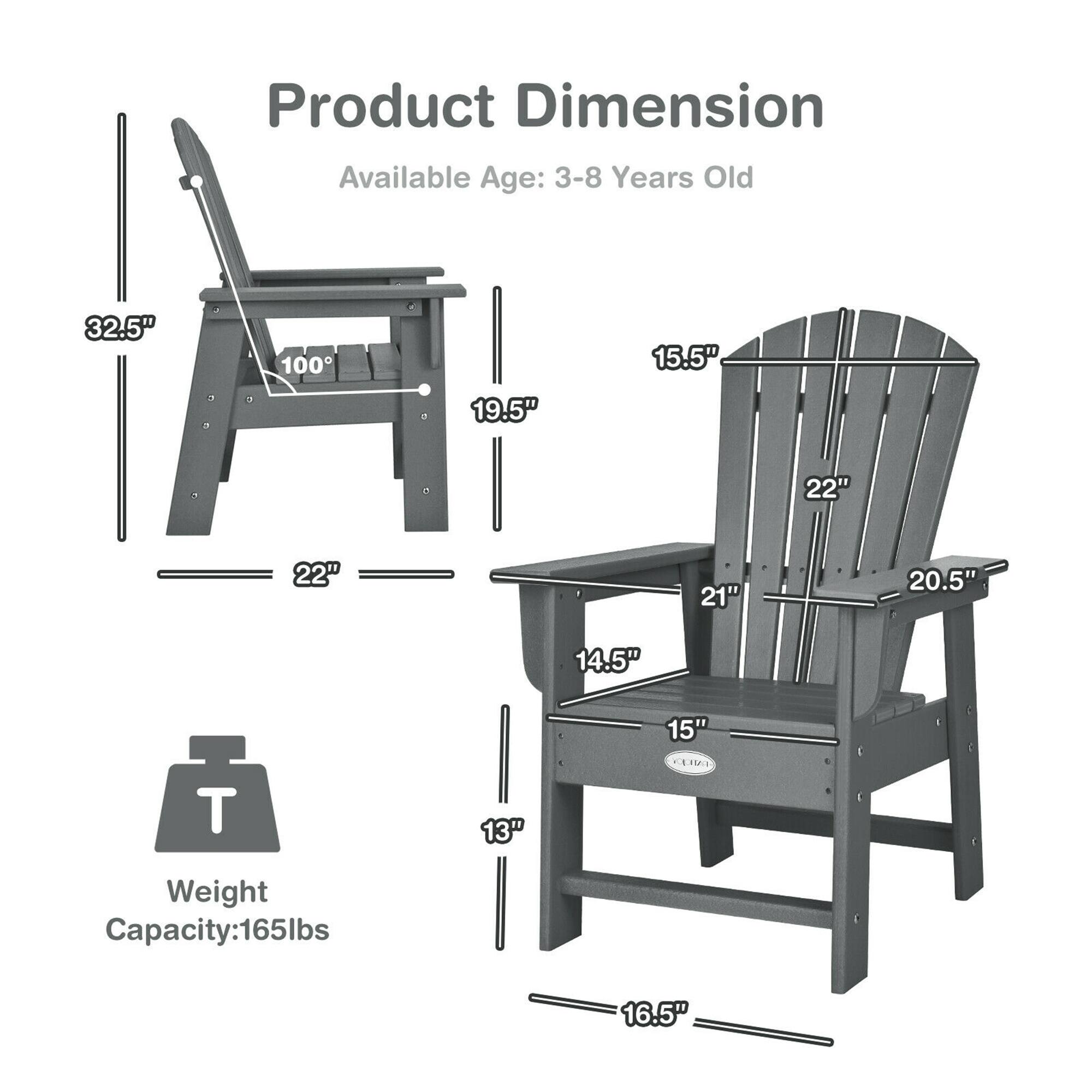 Product Dimension  
Available Age: 3-8 Years Old  

32.5"  
100°  
19.5"  
22"  
22"  
21"  
20.5"  
14.5"  
15"  
13"  
16.5"  

Weight Capacity: 165lbs