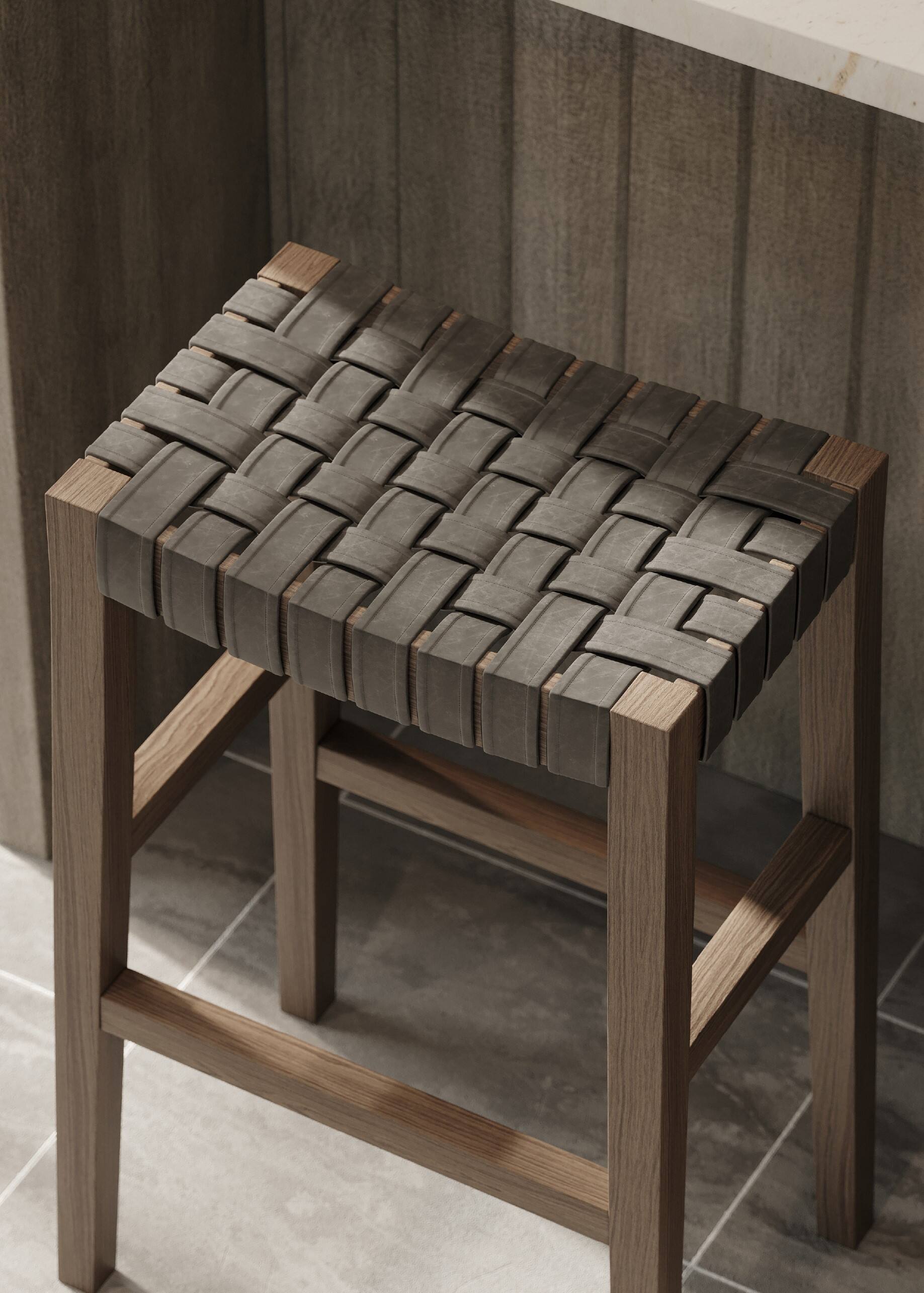 Angle. Maven Lane - 31" Emerson Bar Stool In Weathered Grey Wood Finish With Vegan Leather - Weathered Grey.