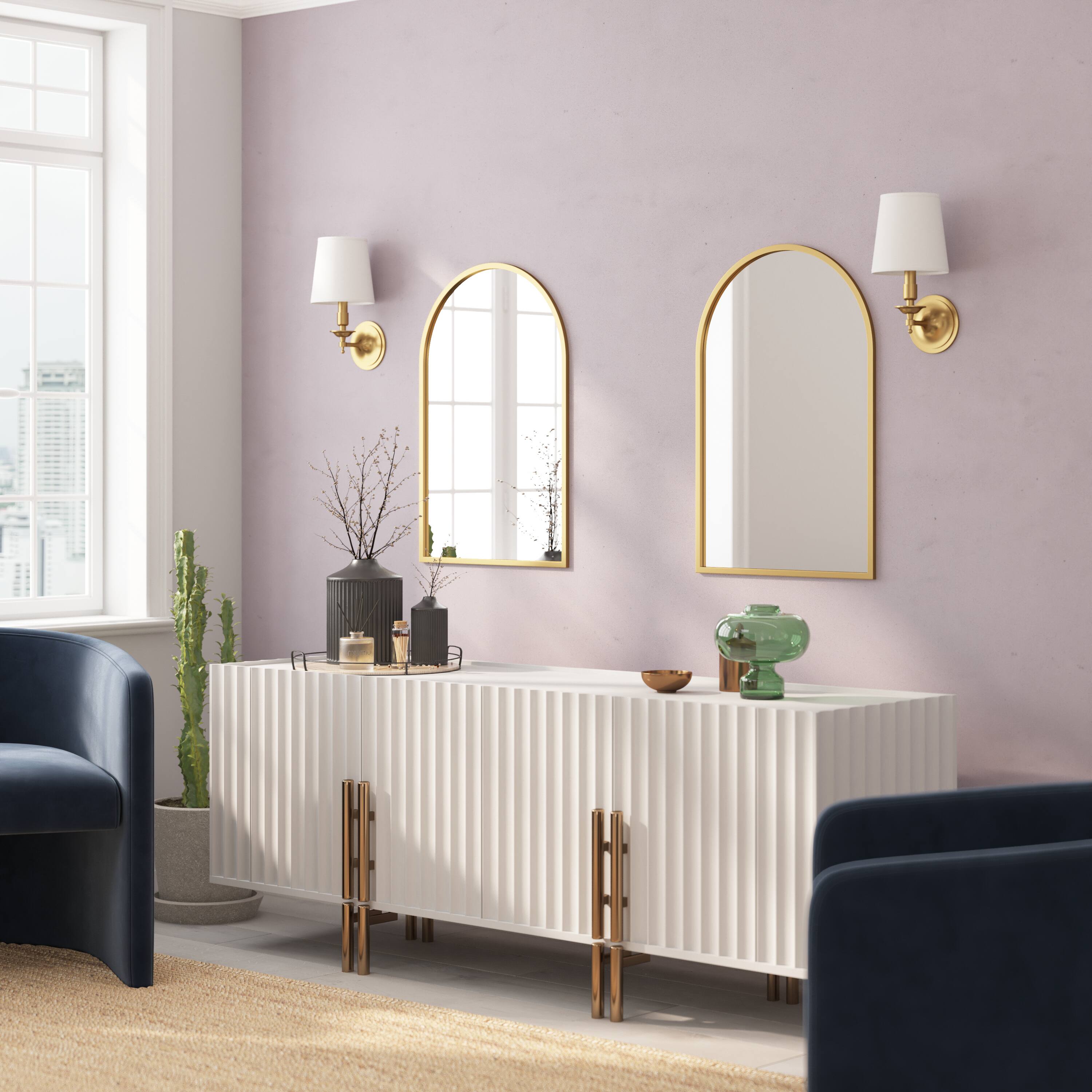 Alt View 3. Emma + Oliver - Harlowe Slim Metal Framed Arched Wall Mirror for Hallways, Entryways, Dining and Living Rooms - Gold.