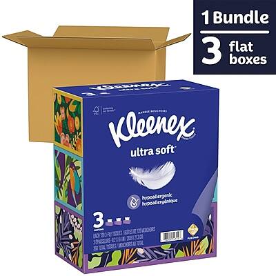 1 Bundle  
3 flat boxes  

Kleenex Ultra Soft  
Hypoallergenic  
3 Bote de Mouchors  
Each 1 37 U  
82 Tissies x 360 Tissies