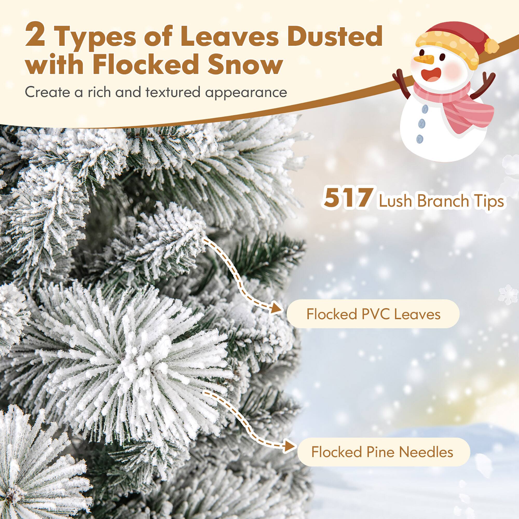 2 Types of Leaves Dusted with Flocked Snow  
Create a rich and textured appearance  

517 Lush Branch Tips  

Flocked PVC Leaves  
Flocked Pine Needles