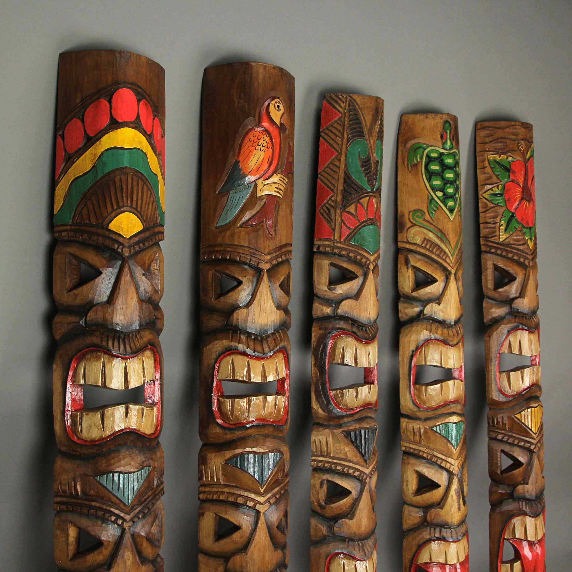 Alt View 9. Zeckos - Set of 5 Double Tiki Mask Totem Wall Decor Hand Carved Tribal Sculpture 40 Inch - Multicolored.