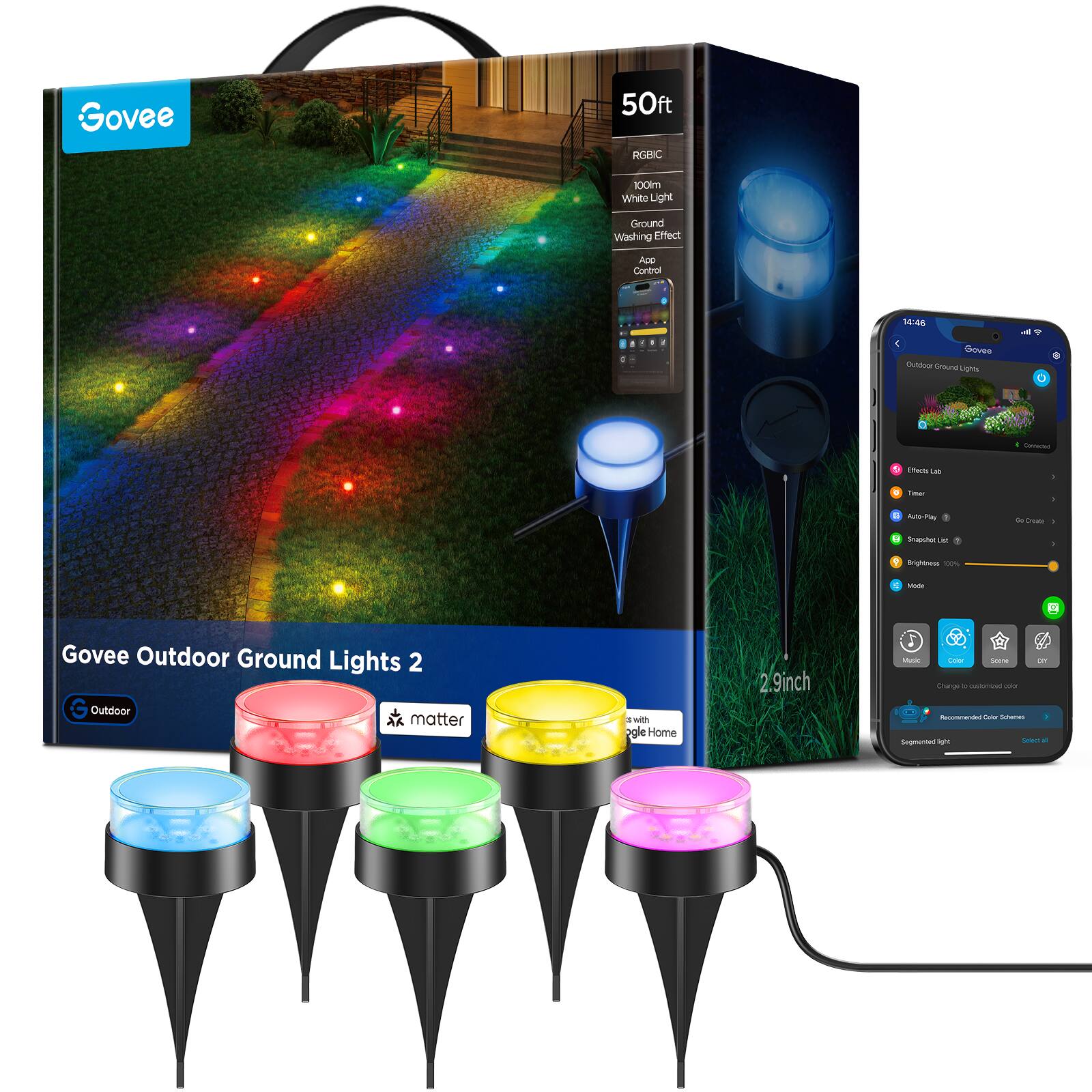 Govee Outdoor Ground Lights 2

50ft RGBIC 100lm White Light Ground Washing Effect App Control

Govee Outdoor Ground Lights 2

2.9inch

Outdoor

matter

Govee Outdoor Ground Lights 2

Effect List
Timer
Auto-Play
Go Create

Brightness 100%
Mode

Mask
Color
Scan
DIY

Recommended Color Scheme

Segmented light

Govee Outdoor Ground Lights 2