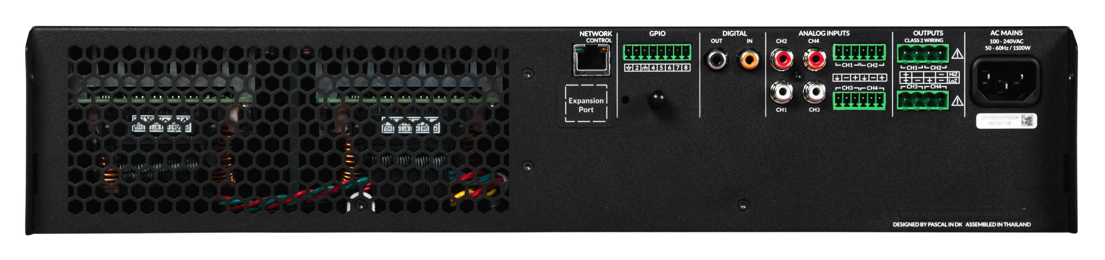 NETWORK CONTROL  
GPIO  
DIGITAL OUT IN  
ANALOG INPUTS CH1 CH2 CH3 CH4  
Expansion Port  

OUTPUTS  
CLASS 2 WIRING  
CH1 → CH2  
CH3 → CH4  

AC MAINS  
50 - 60Hz / 1100W  
00 - 240VAC  

DESIGNED BY PASCAL IN DK ASSEMBLED IN THAILAND