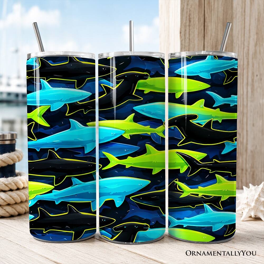 OrnamentallyYou Neon Shark Camo 20oz Tumbler With Lid and Stainless ...