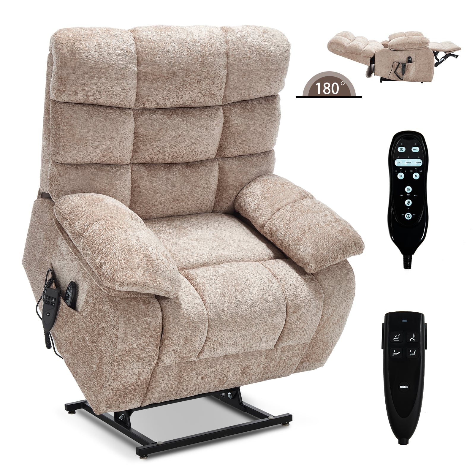 LUCKY ONE - Dual Motor Chenille Lift Recliner Chiar with Massage & Heat - Beige