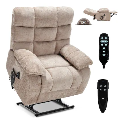 Front. LUCKY ONE - Dual Motor Chenille Lift Recliner Chiar with Massage & Heat - Beige.