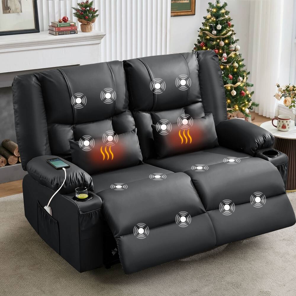 Front. Ropilly - Ropilly Manual Recliner Loveseat, Oversized Reclining Couch with Massage and Heating, Cup Holders, Black - Black.