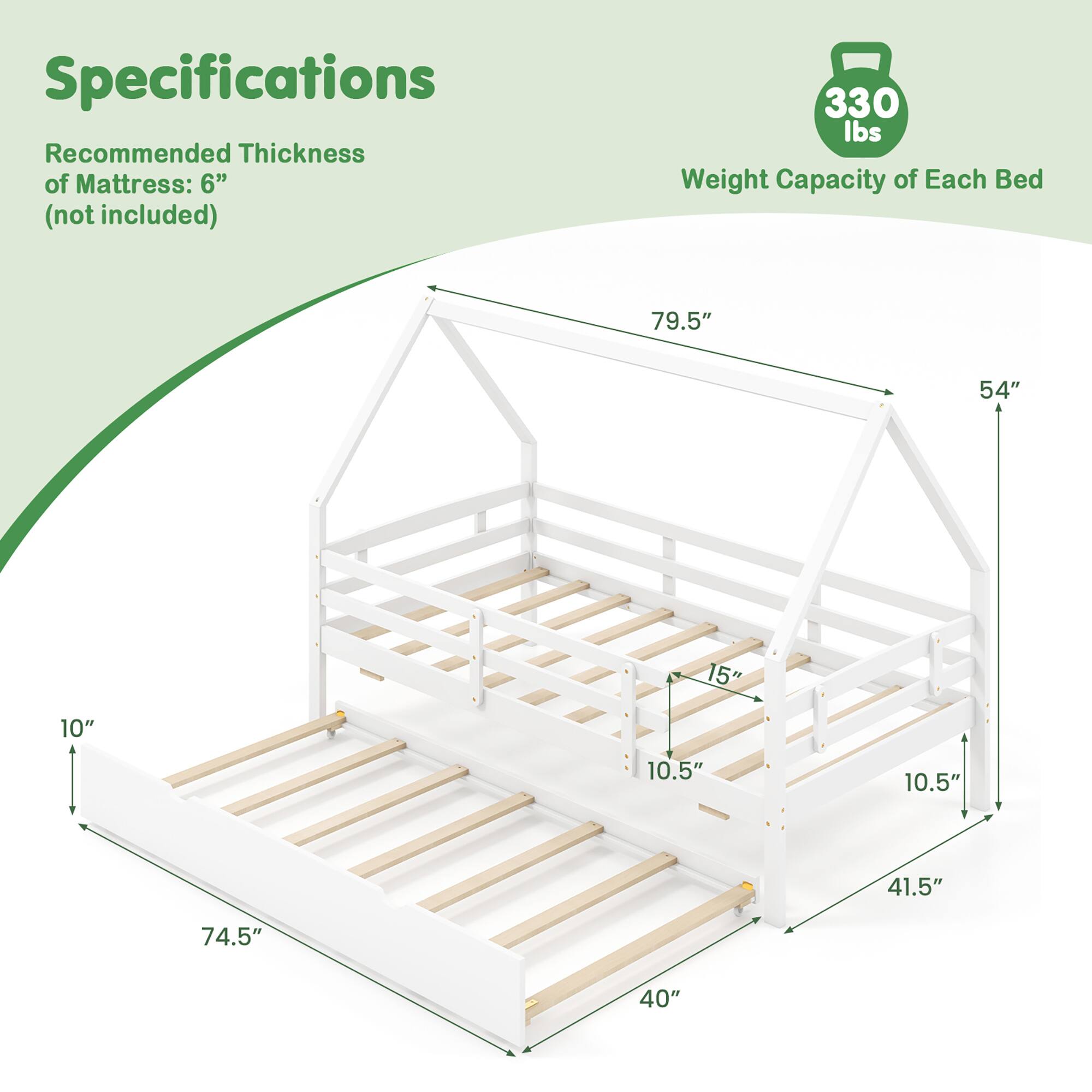 Specifications

Recommended Thickness of Mattress: 6" (not included)

Weight Capacity of Each Bed: 330 lbs

Dimensions:
- 79.5" (length)
- 54" (width)
- 15" (height)
- 10.5" (side rail height)
- 10.5" (side rail height)
- 41.5" (height from floor to top of ladder)
- 74.5" (length of ladder)
- 40" (width of ladder)
- 10" (height of ladder)