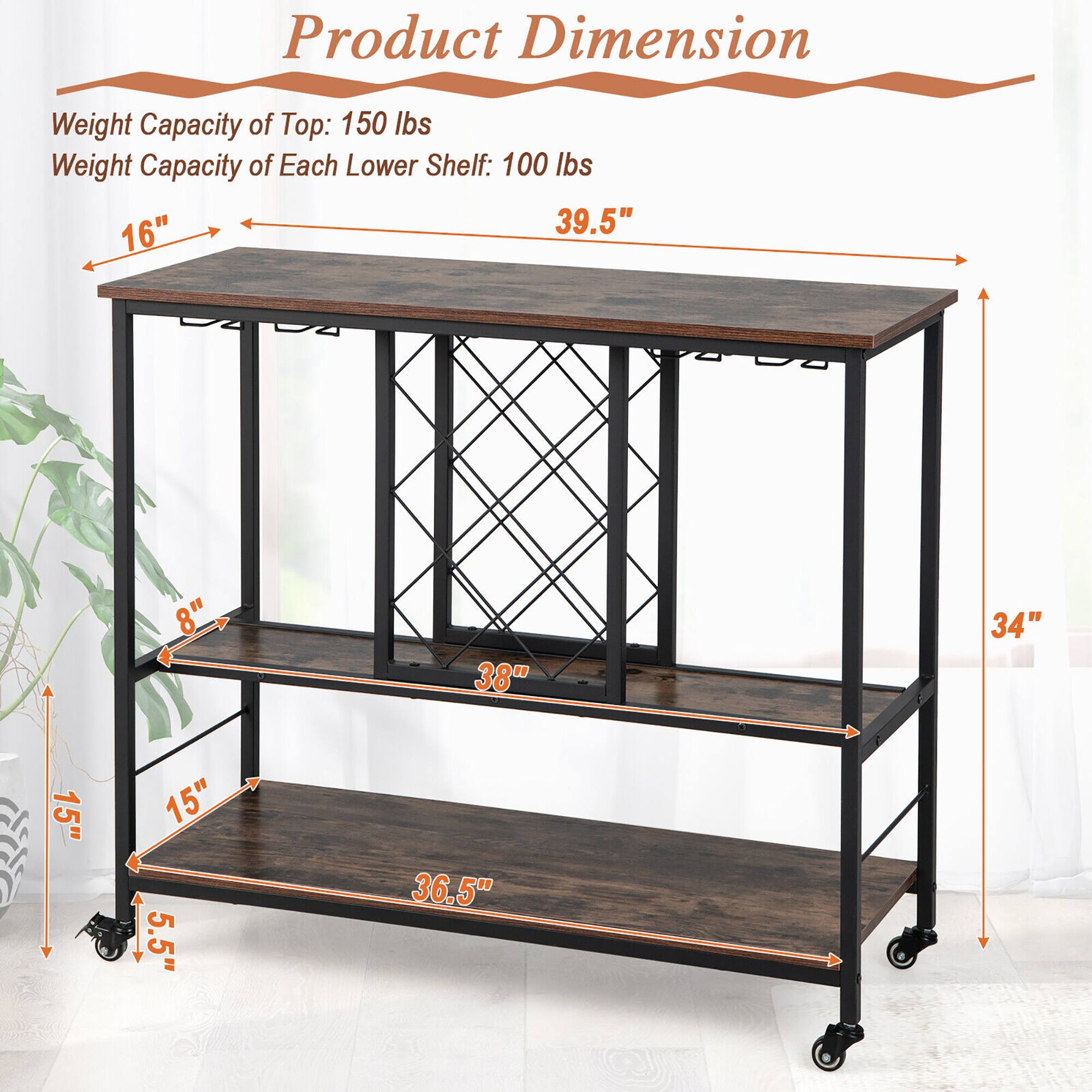 Product Dimension

Weight Capacity of Top: 150 lbs  
Weight Capacity of Each Lower Shelf: 100 lbs  

- Width: 39.5"  
- Depth: 16"  
- Height: 34"  
- Shelf Depth: 38"  
- Shelf Width: 15"  
- Shelf Height: 8"  
- Overall Height: 36.5"  
- Leg Width: 15"  
- Leg Height: 5.5"