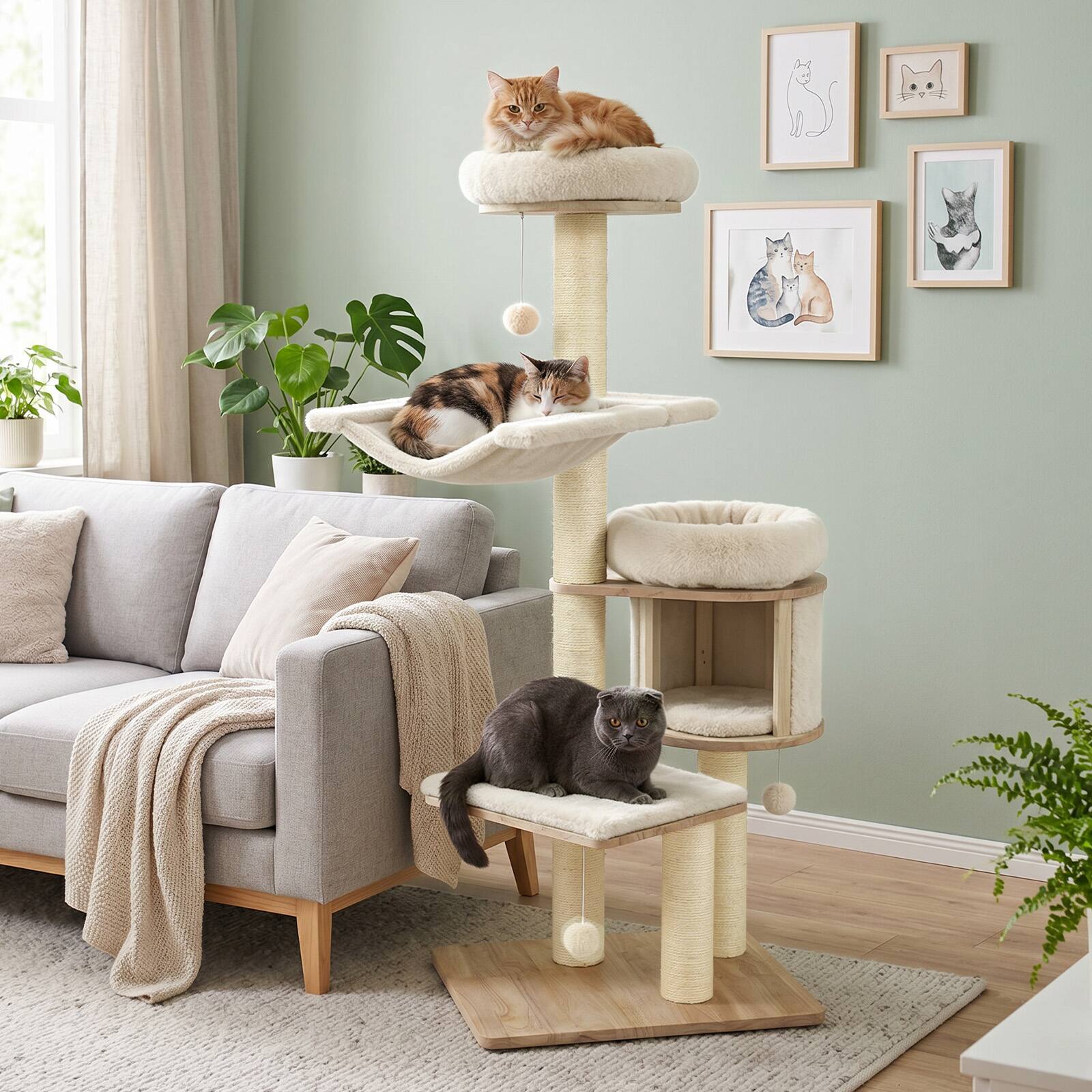 Alt View 1. Gymax - Gymax 55'' Large Solid Rubber Wood Cat Tree Tower w/Cozy Condo Beds & Hammock 3 Balls Natural & Beige - Beige.