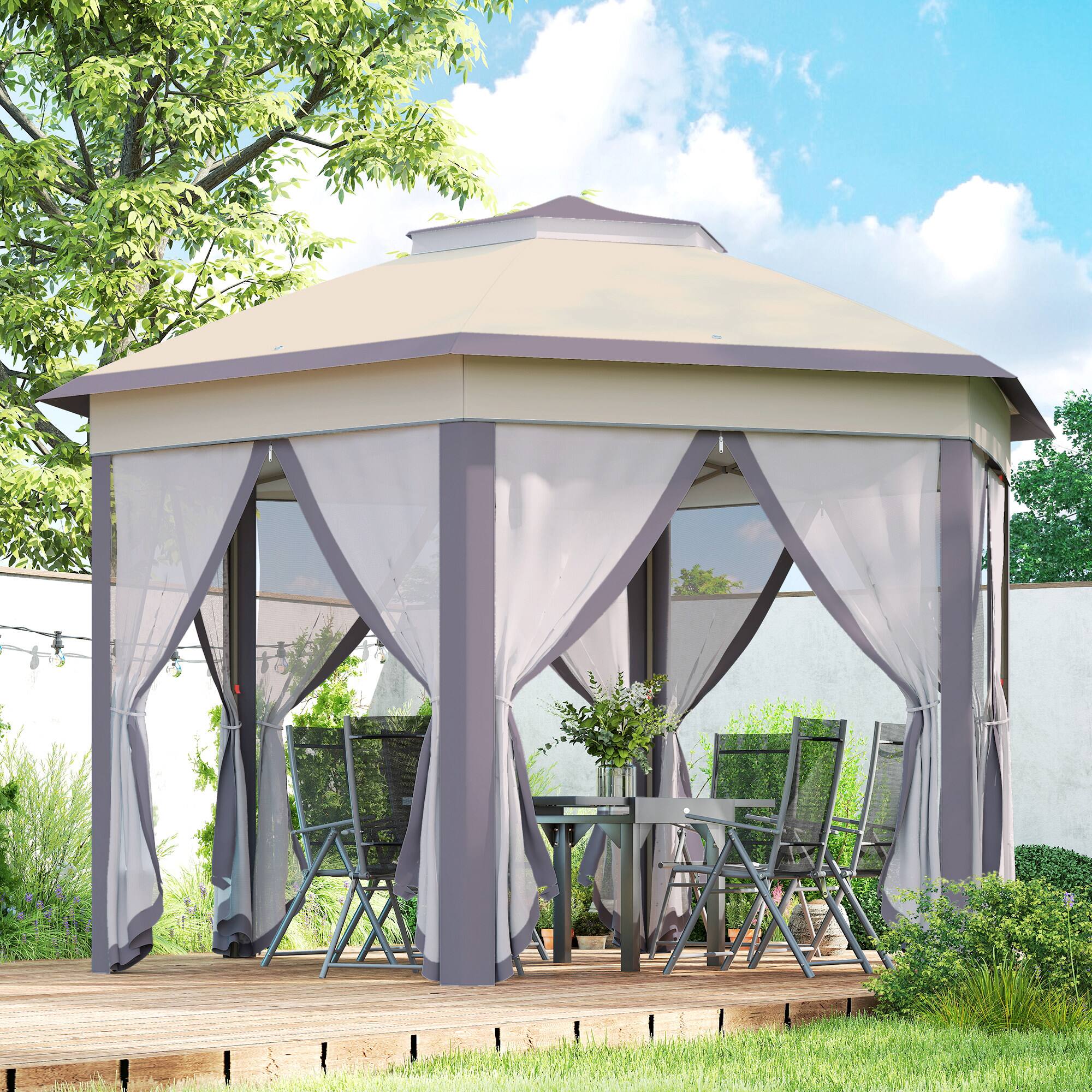 Alt View 1. Outsunny - x 13' Pop Up Gazebo Hexagonal Canopy Shelter with 6 Zippered Mesh Netting for Patio Backyard Garden Wedding - Coffee and Beige.
