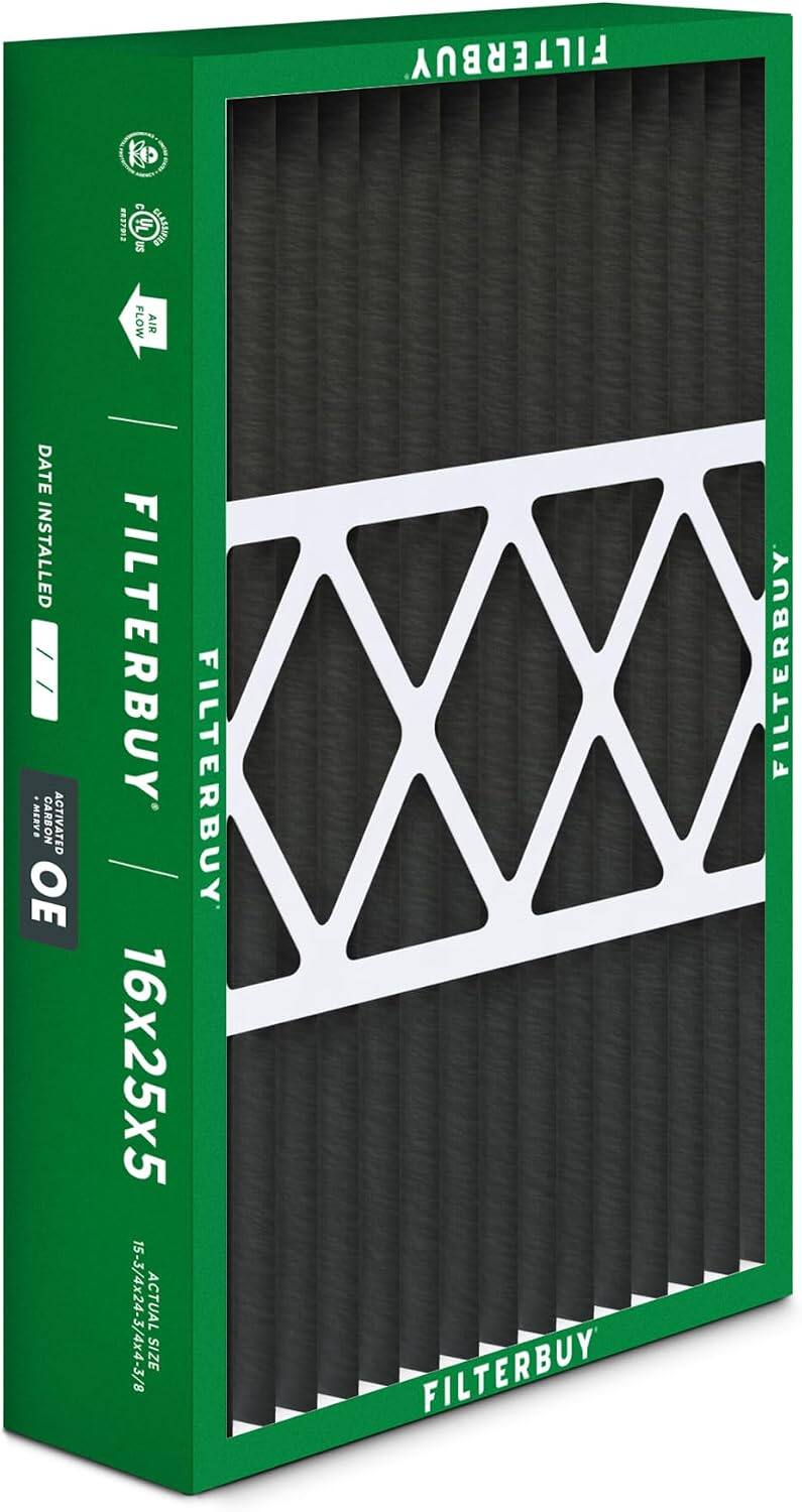 FILTERBUY P Cibtaa F AEELAS DATE INSTALLED MERVE CARBON ACTIVATED OE FLOW AIR FILTERBUY 16x25x5 8/-p/Svx/S-SI ACTUAL SIZE FILTERBUY FILTERBUY FILTERBUY