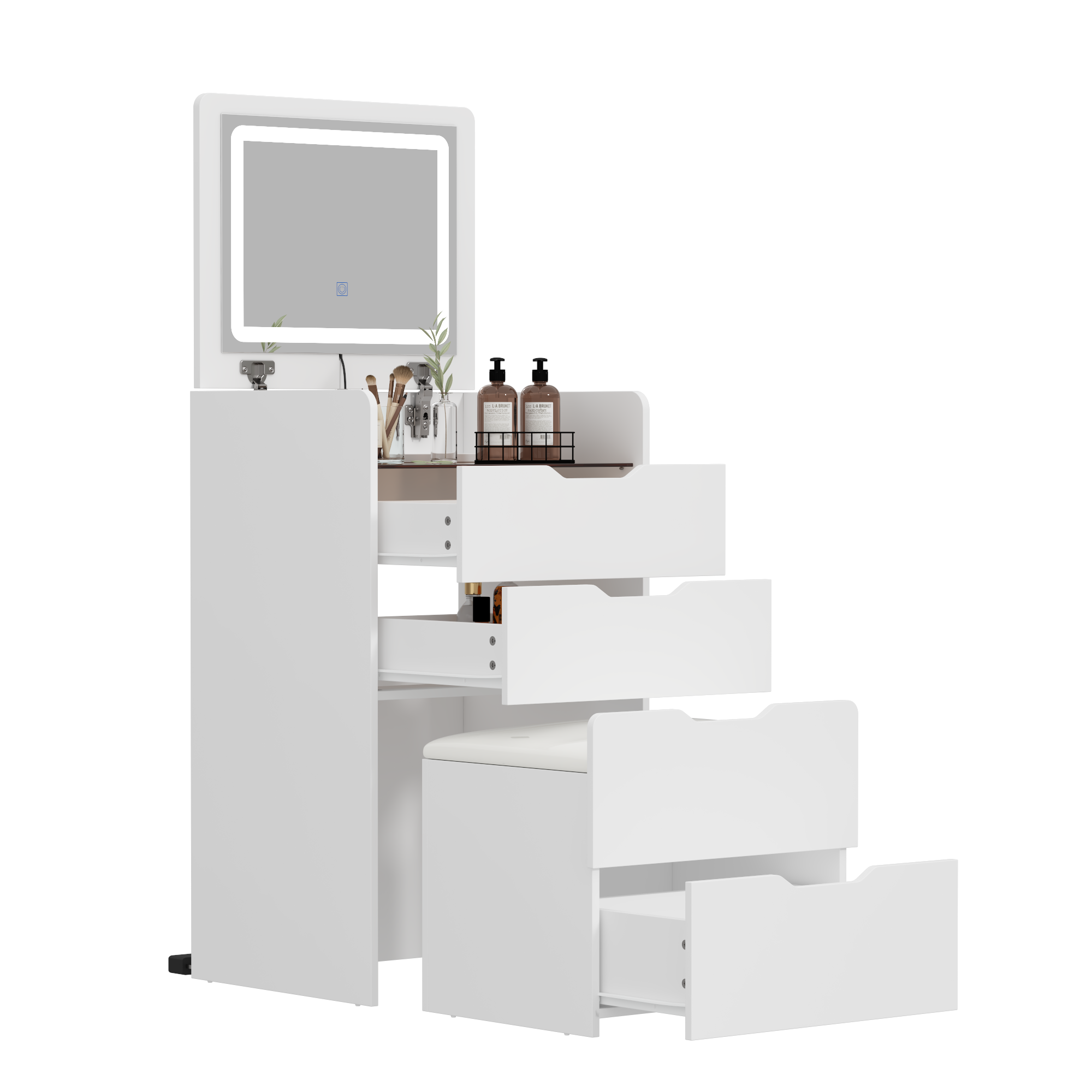 Angle. Famapy - Flip - Up LED Vanity Desk with 3 - Color Lighting & Hidden Storage for Small Spaces - White.