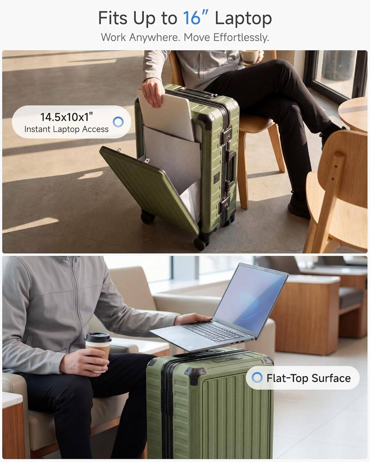Fits Up to 16" Laptop  
Work Anywhere. Move Effortlessly.  

14.5x10x1"  
Instant Laptop Access  

Flat-Top Surface