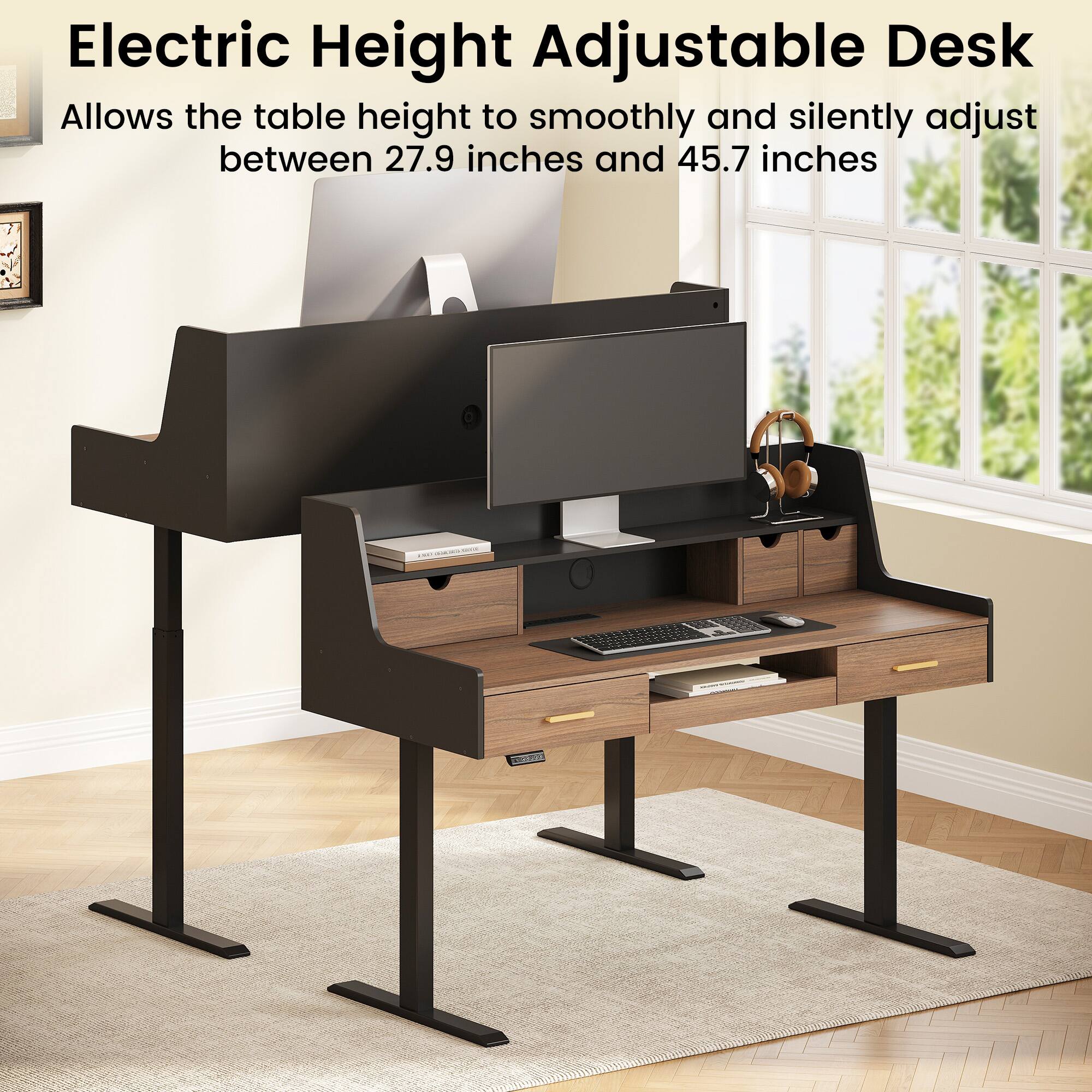 Electric Height Adjustable Desk  
Allows the table height to smoothly and silently adjust between 27.9 inches and 45.7 inches