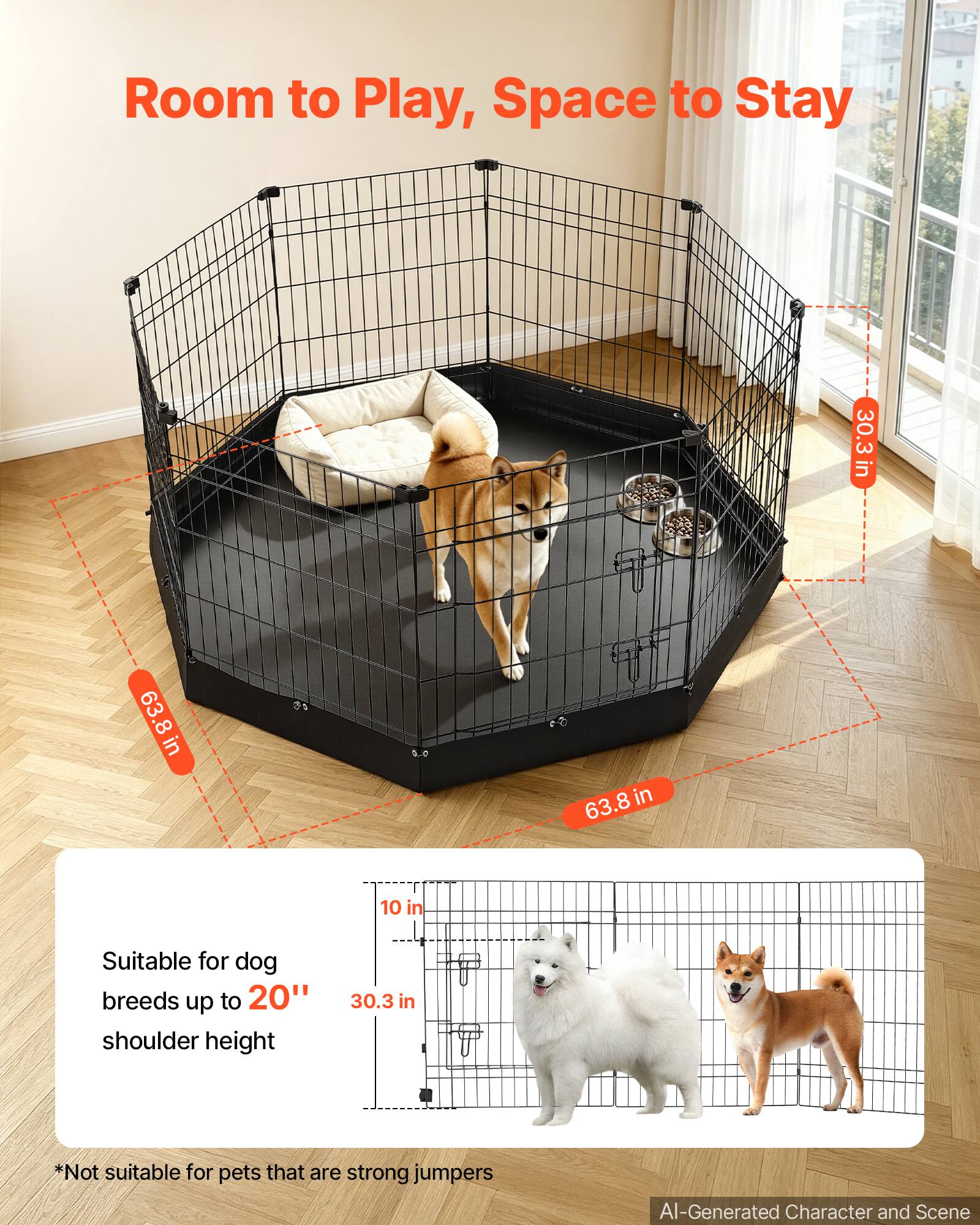 Room to Play, Space to Stay

30.3 in x 63.8 in x 63.8 in

Suitable for dog breeds up to 20" shoulder height

*Not suitable for pets that are strong jumpers

AI-Generated Character and Scene