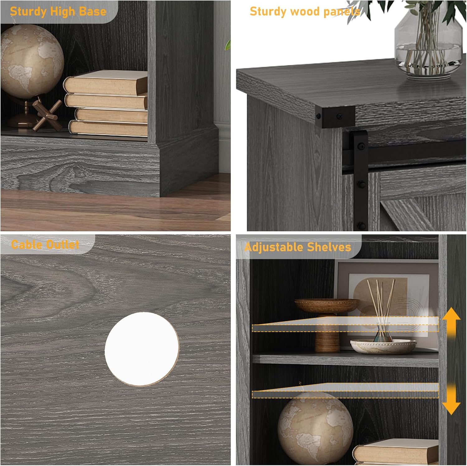 - Sturdy High Base
- Sturdy wood panels
- Cable Outlet
- Adjustable Shelves