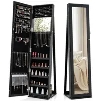 Costway - Mirrored Jewelry Cabinet Armoire Lockable Standing Storage Organizer with Shelf - Black - Front_Zoom