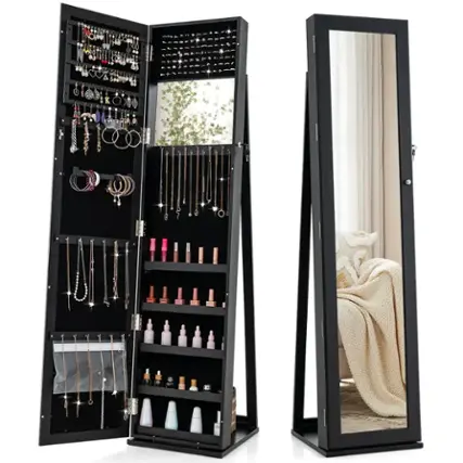 Front. Costway - Mirrored Jewelry Cabinet Armoire Lockable Standing Storage Organizer with Shelf Black - Black.