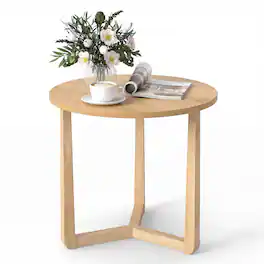 Gymax - Round Side Table w/Sturdy Rubber Wood Legs & Triangular Structure for Bedroom - Natural