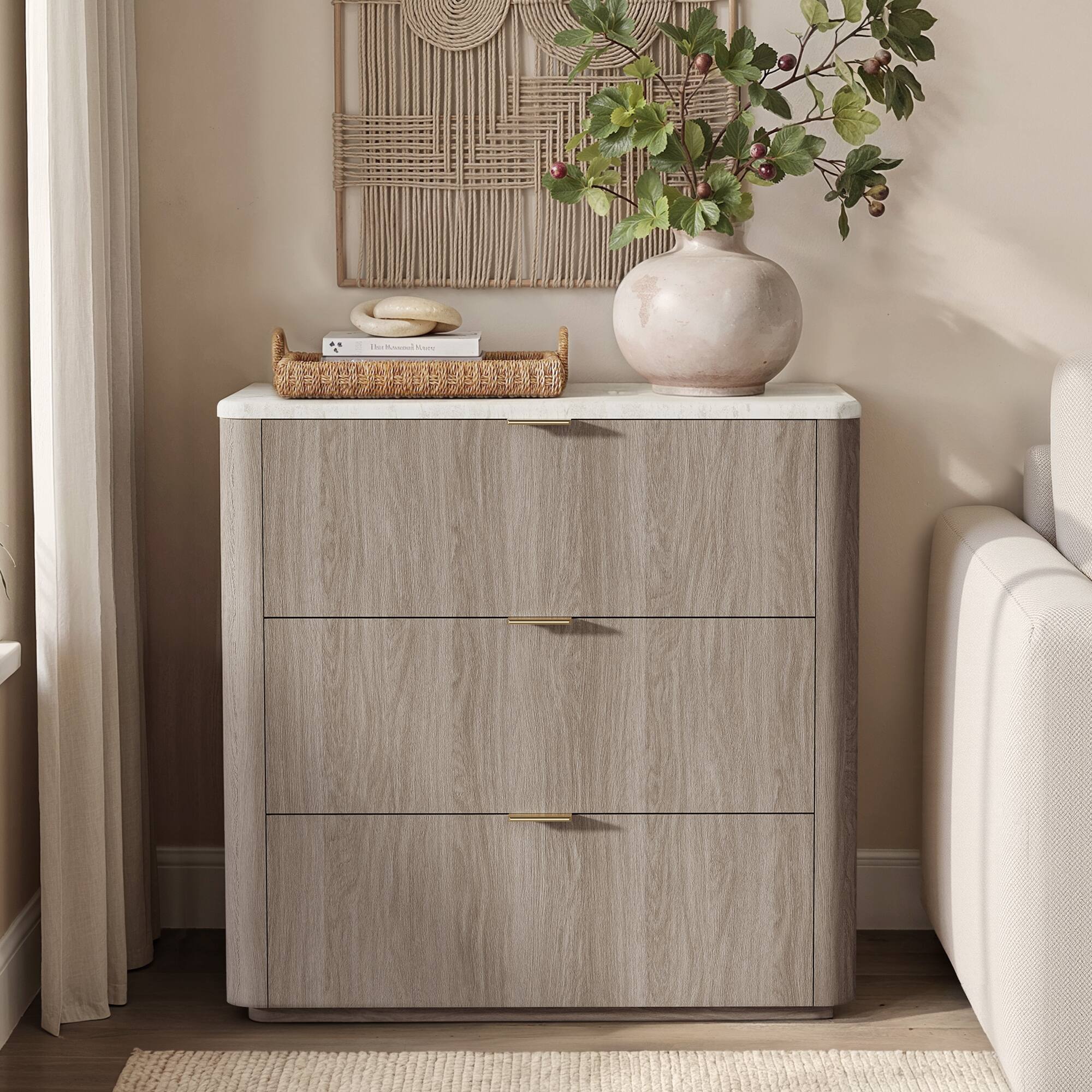 Left. ModernMate - 31.5"W 3 Drawers Dresser Modern Faux Travertine Dresser Chest for Bedroom Living Room - Natural Grey.