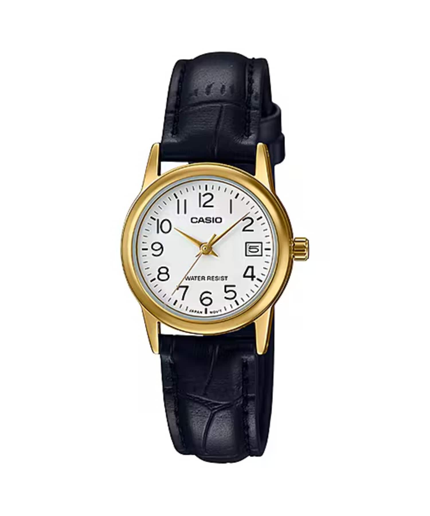 Casio - Women’s Gold-Tone White Dial Leather Band Analog Watch - LTP-V002GL-7BUDF - Black