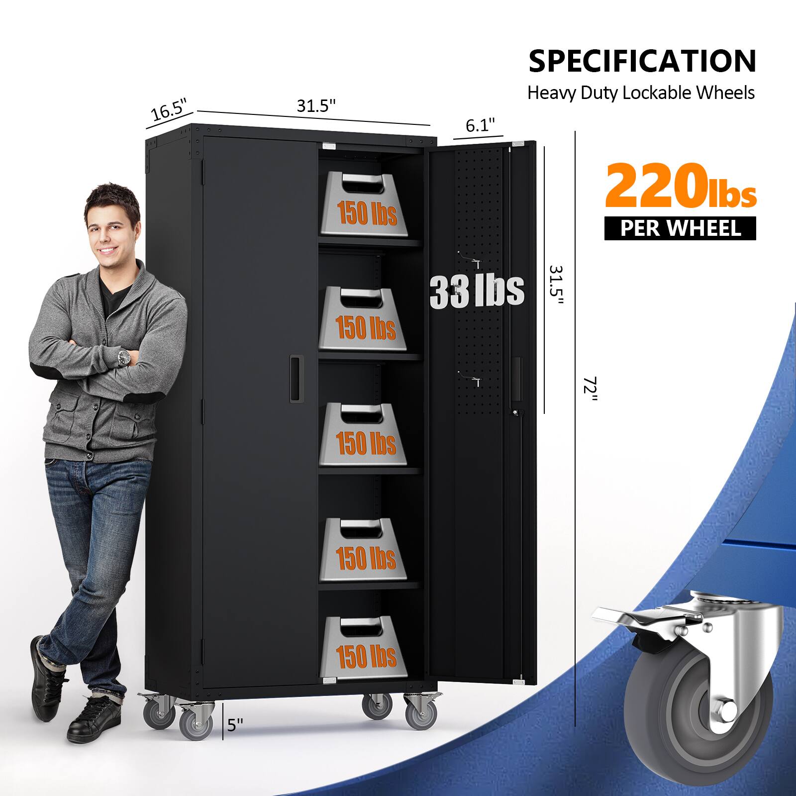 - **Dimensions:**
  - Height: 72"
  - Width: 31.5"
  - Depth: 16.5"
  - Shelf Depth: 6.1"
  - Wheel Diameter: 5"

- **Weight Capacity:**
  - Each Shelf: 150 lbs
  - Total Weight Capacity: 33 lbs

- **Wheels:**
  - Heavy Duty Lockable Wheels
  - 220 lbs per wheel