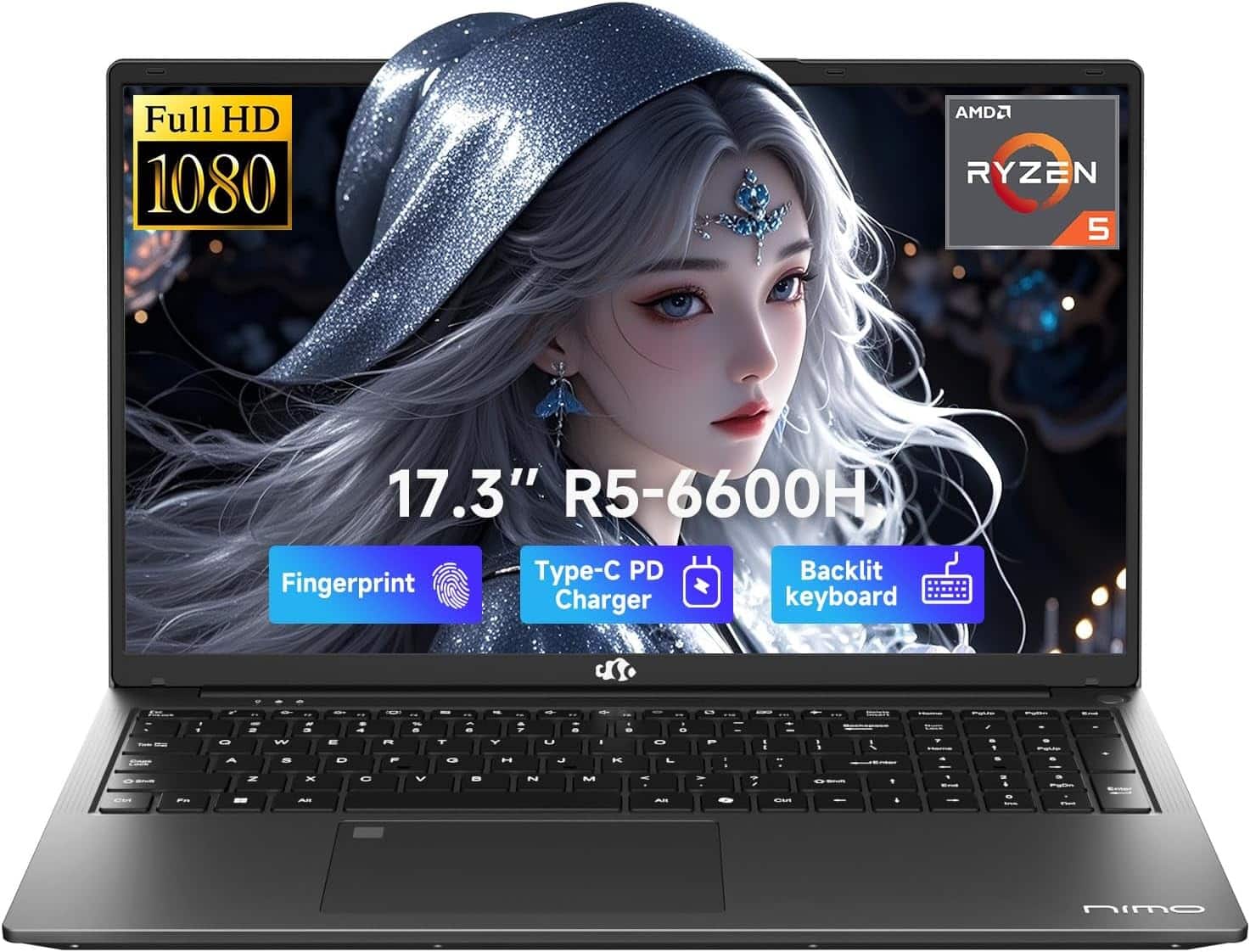 NIMO - 17.3" IPS FHD-Gaming-Laptop, AMD Ryzen 5 6600H 8GB DDR5 RAM 512GB SSD Radeon 660M 100W Type-C Backlit Keyboard - Gray
