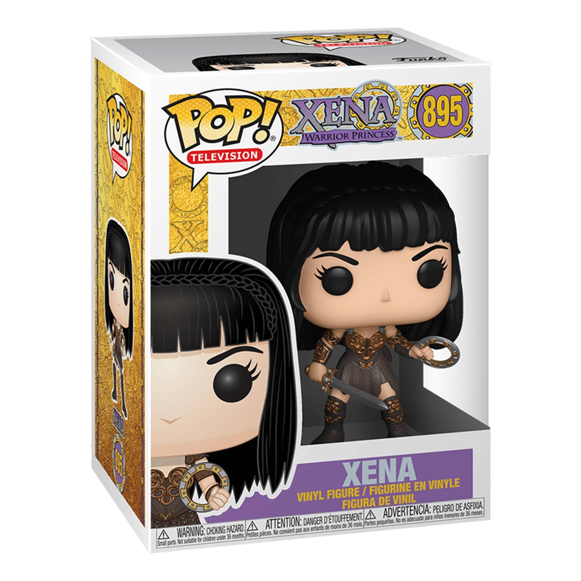 Sure, here is the corrected and grouped text from the image:

---

**Top Left:**
- POP!
- TELEVISION

**Top Center:**
- XENA
- 895
- WARRIOR PRINCESS

**Center:**
- XENA
- VINYL FIGURE / FIGURINE EN VINYLE / FIGURA DE VINIL

**Bottom:**
- WARNING: CHOKING HAZARD - Small parts. Not for children under 3 years.
- ATTENTION: PELIGRO DE ASFIXIA - Piezas pequeñas. No es adecuado para menores de 3 años.
- ADVERTENCIA: DANGER - ÉTouffement - Petite pièce. Ne convient pas aux enfants de moins de 3 ans.

---

This text is organized based on its location on the packaging.