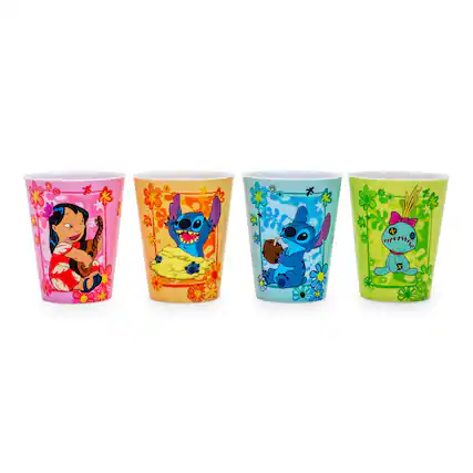 Front. Disney - Disney Lilo & Stitch Tropical 2-Ounce Plastic Mini Cups | Set of 4 - Blue.