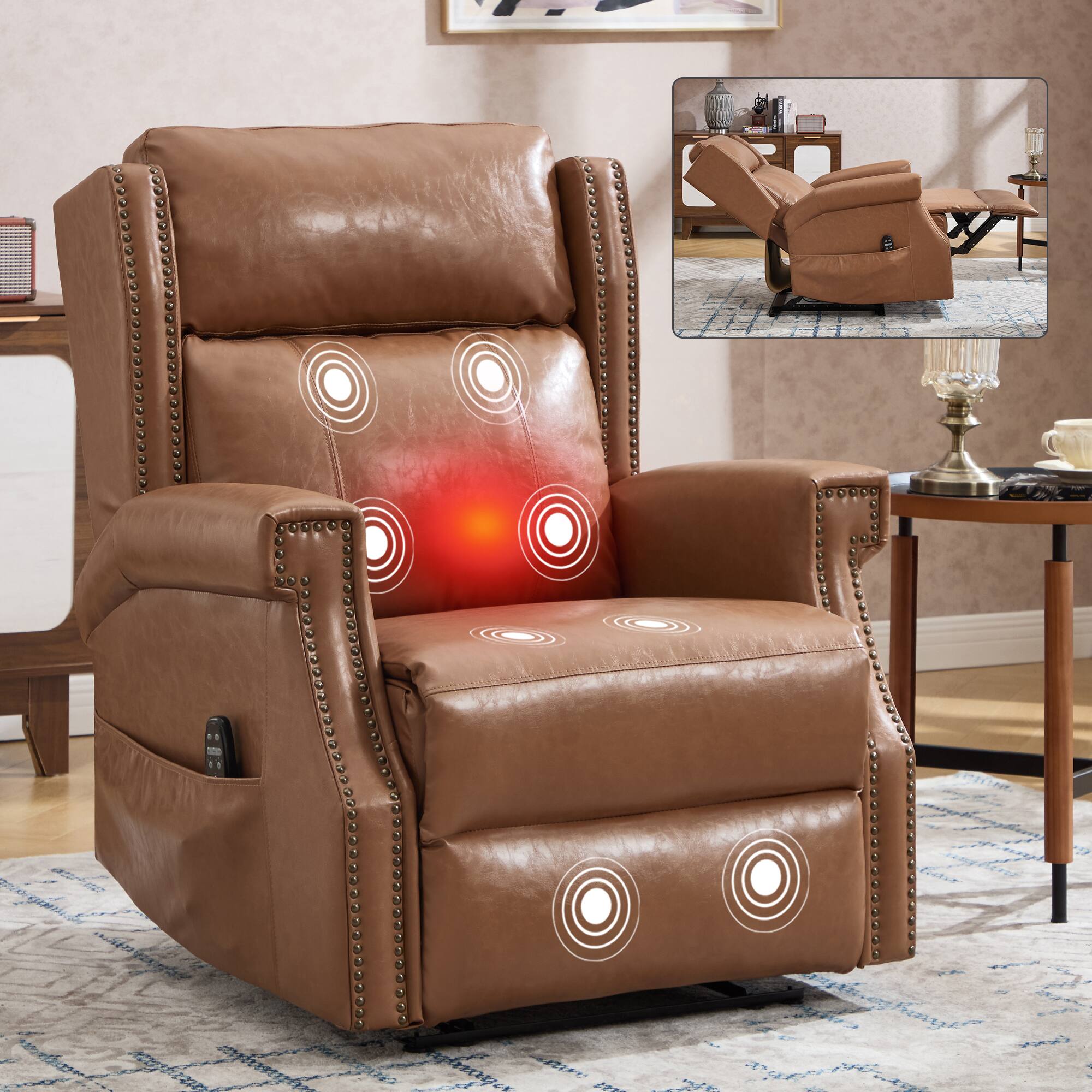 Left. Akoasm - Manual Massage Chair Recliner Chair in Faux Leather with Heavy Duty Motion Mechanism with 3 Massage Modes-Camel - Camel.