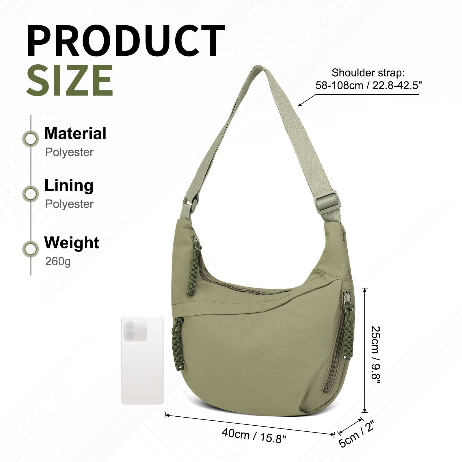PRODUCT SIZE

Shoulder strap: 58-108cm / 22.8-42.5"

Material: Polyester

Lining: Polyester

Weight: 260g

Dimensions:
- Height: 25cm / 9.8"
- Width: 40cm / 15.8"
- Depth: 5cm / 2"
