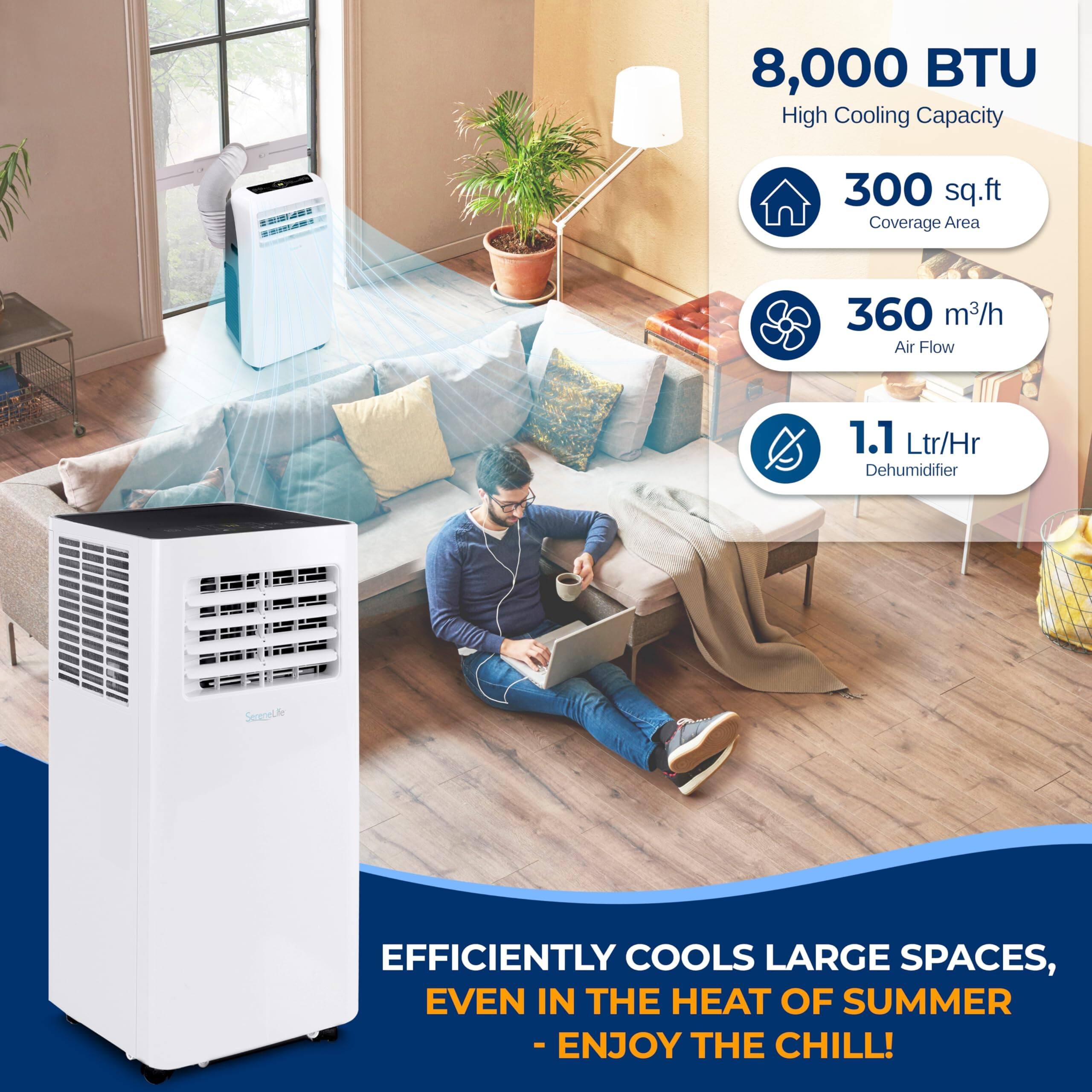 8,000 BTU High Cooling Capacity  
300 sq.ft Coverage Area  
360 m³/h Air Flow  
1.1 Ltr/Hr Dehumidifier  

EFFICIENTLY COOLS LARGE SPACES, EVEN IN THE HEAT OF SUMMER - ENJOY THE CHILL!